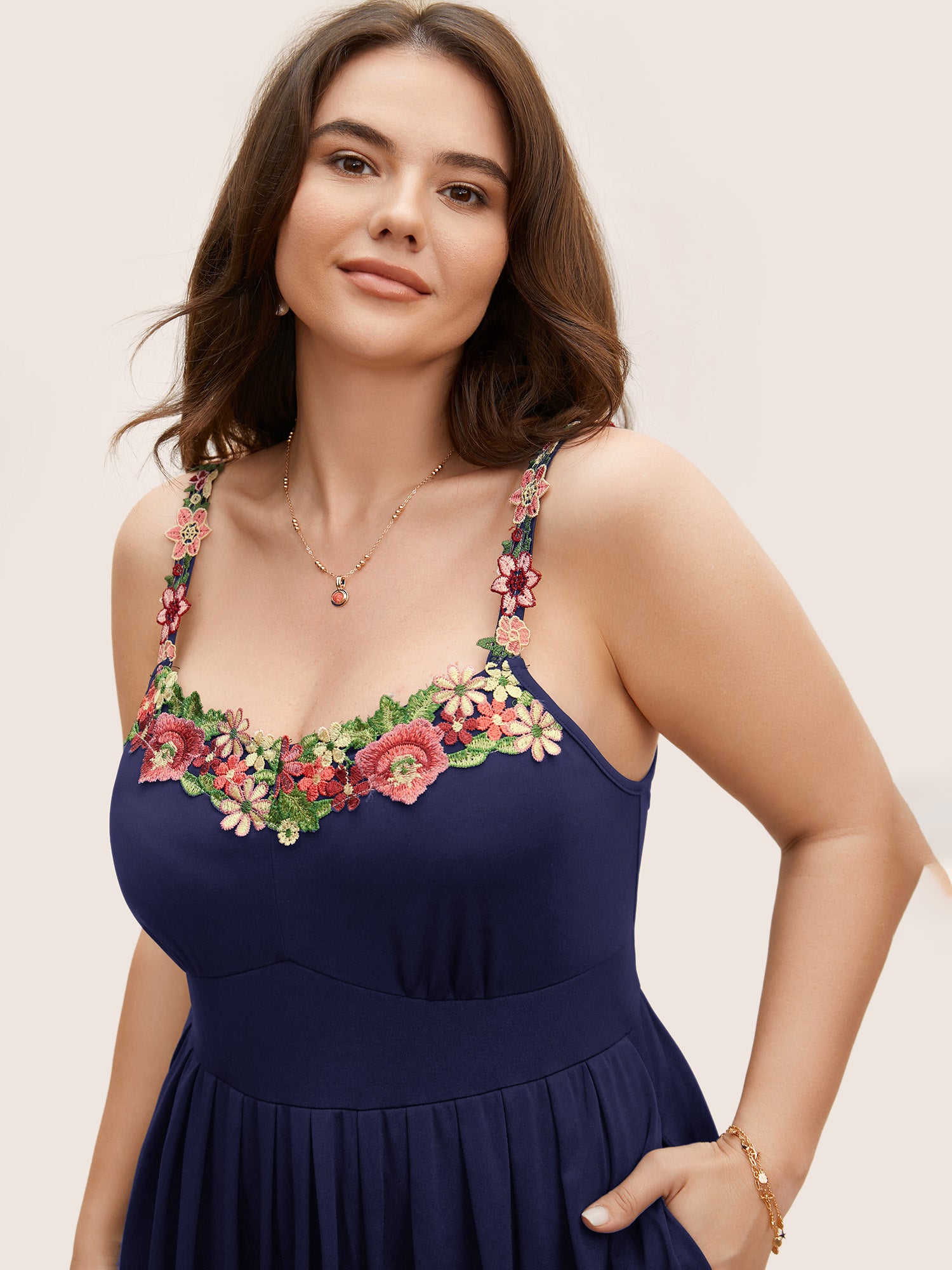 Floral Embroidered Pocket Midi Cami Dress