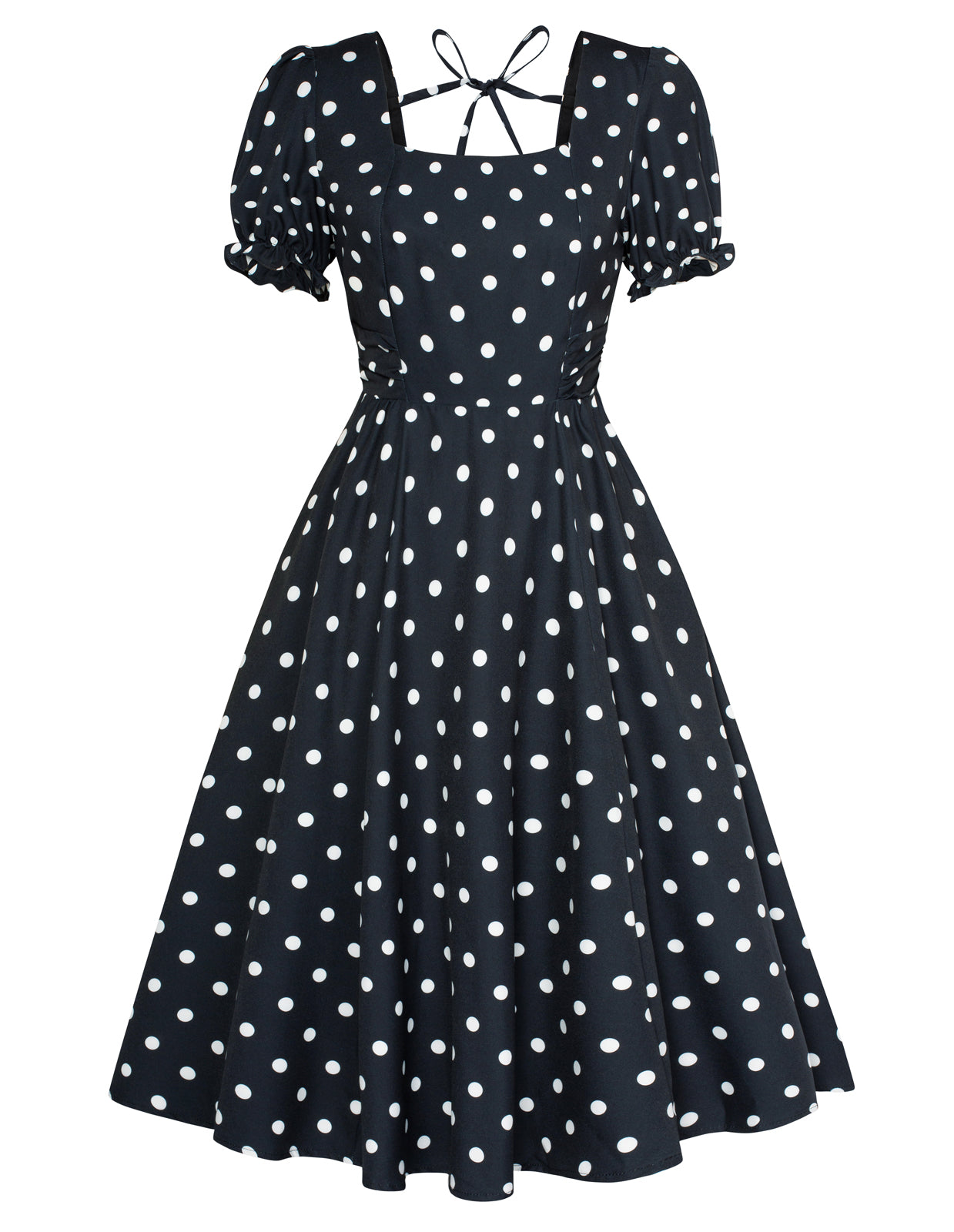 Vintage Daisy Flower Print Cottagecore Cocktail Dresses Square Neck Puff Sleeve Dress with Pockets