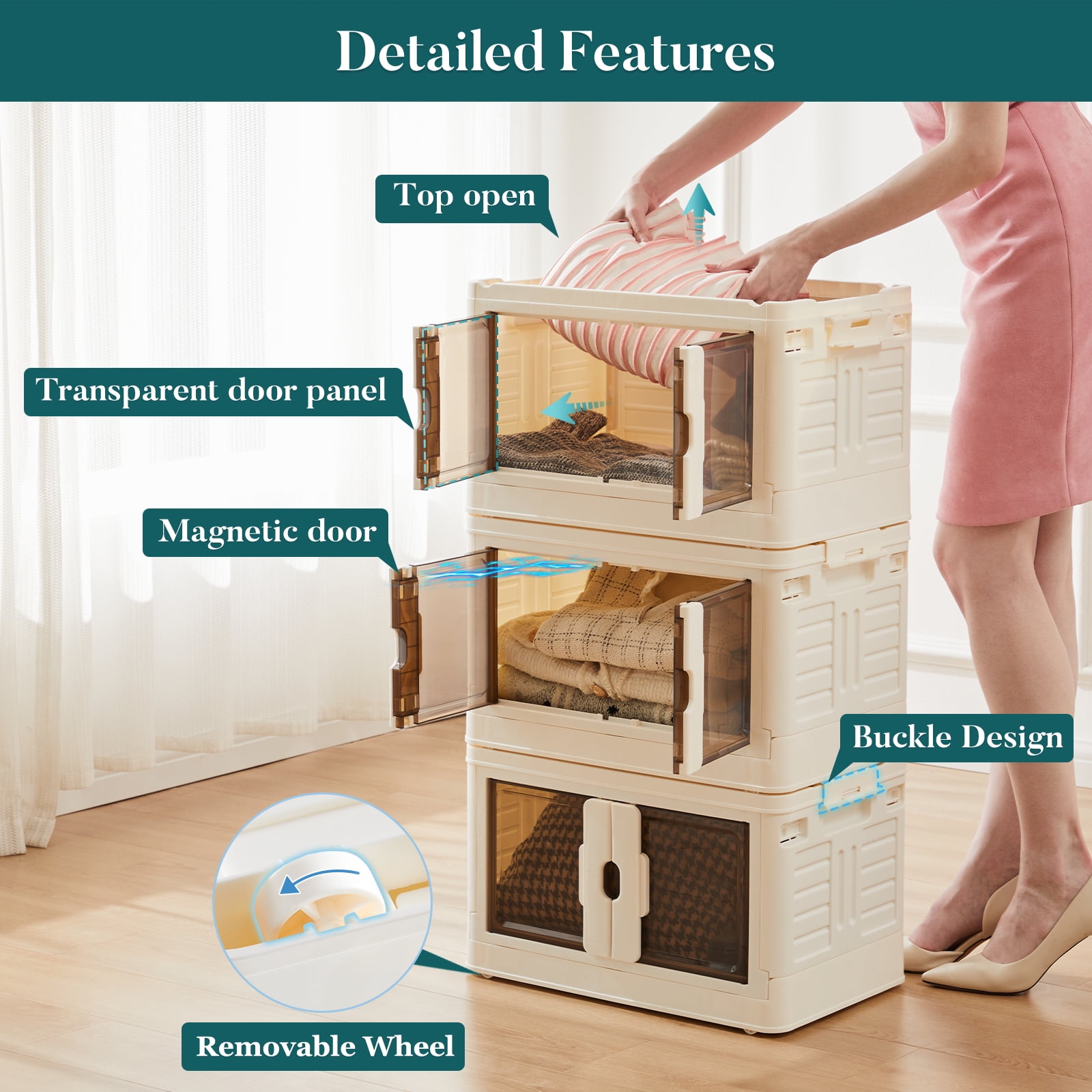 CONCETTA 33.6GAL/148QT Stackable Storage Bin with Lids and Wheels, Collapsible Foldable Plastic Closet Organizer for Home