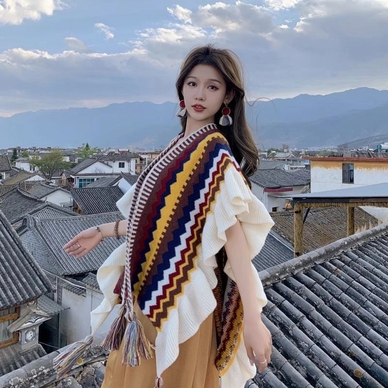Autumn And Winter Retro Shawl Women's Bohemian New Ethnic Style Photography Outer Wear Warm Fashion Knitted Cape Cloak