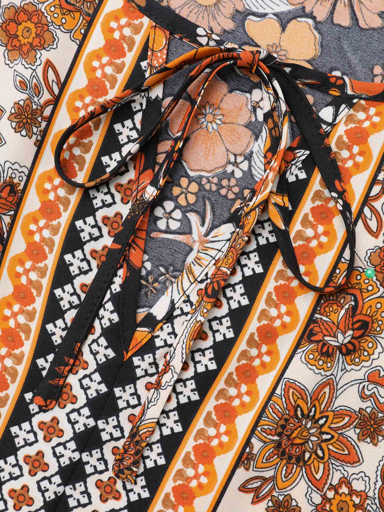 Boho Print Tie Knot Lantern Sleeve Blouse