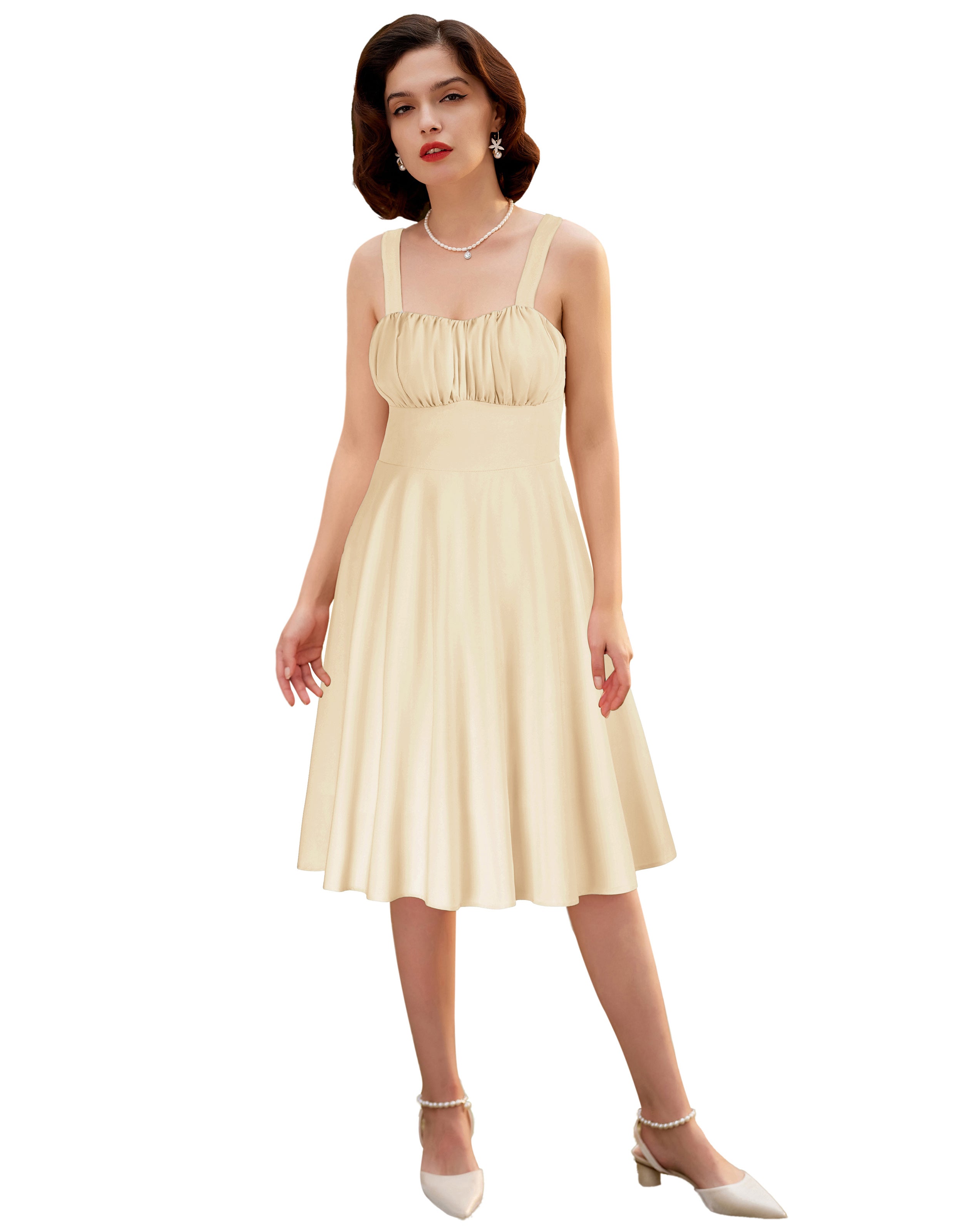 Vintage Solid Color Two-Way Defined Waist Dress Ruched Bodice Flared A-Line Dress