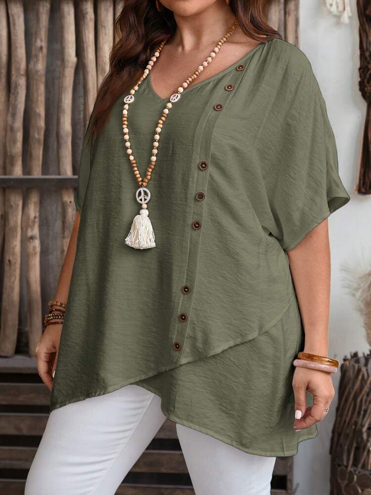 Plus Size Women's Summer Solid Color V-Neck Batwing Short Sleeve Loose Asymmetric Hem Blouse