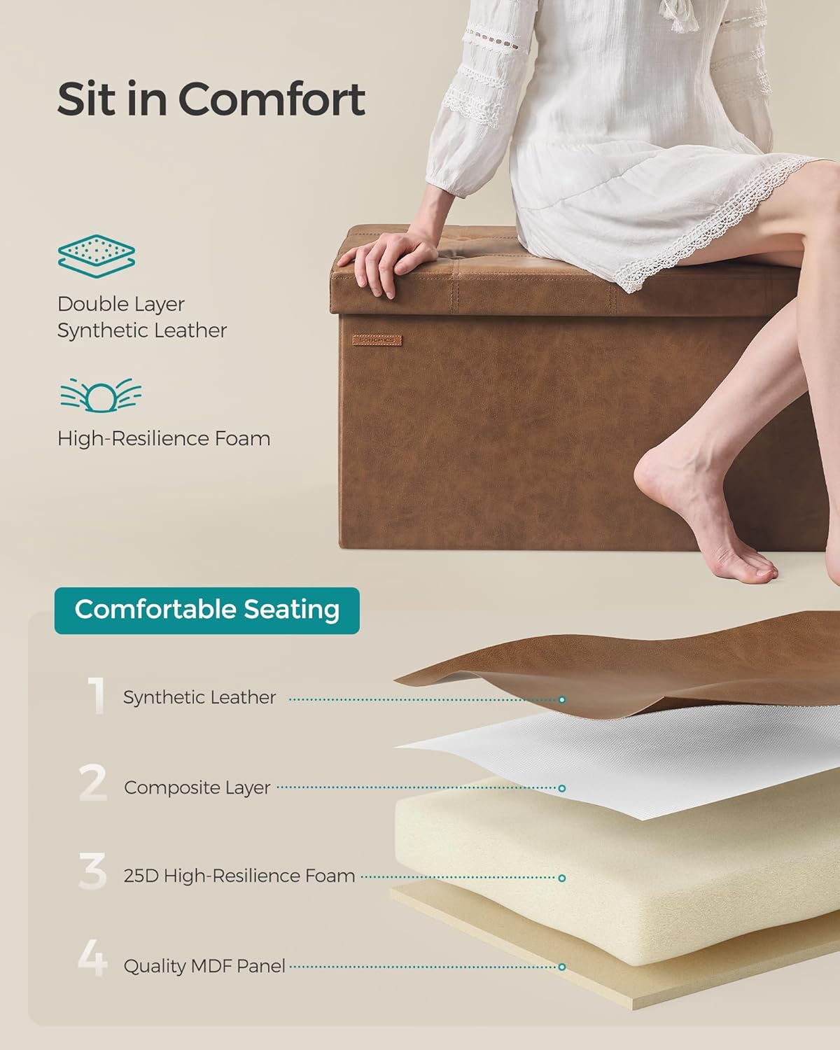 SONGMICS Mazie Collection - 43 Inches Folding Storage Ottoman Bench