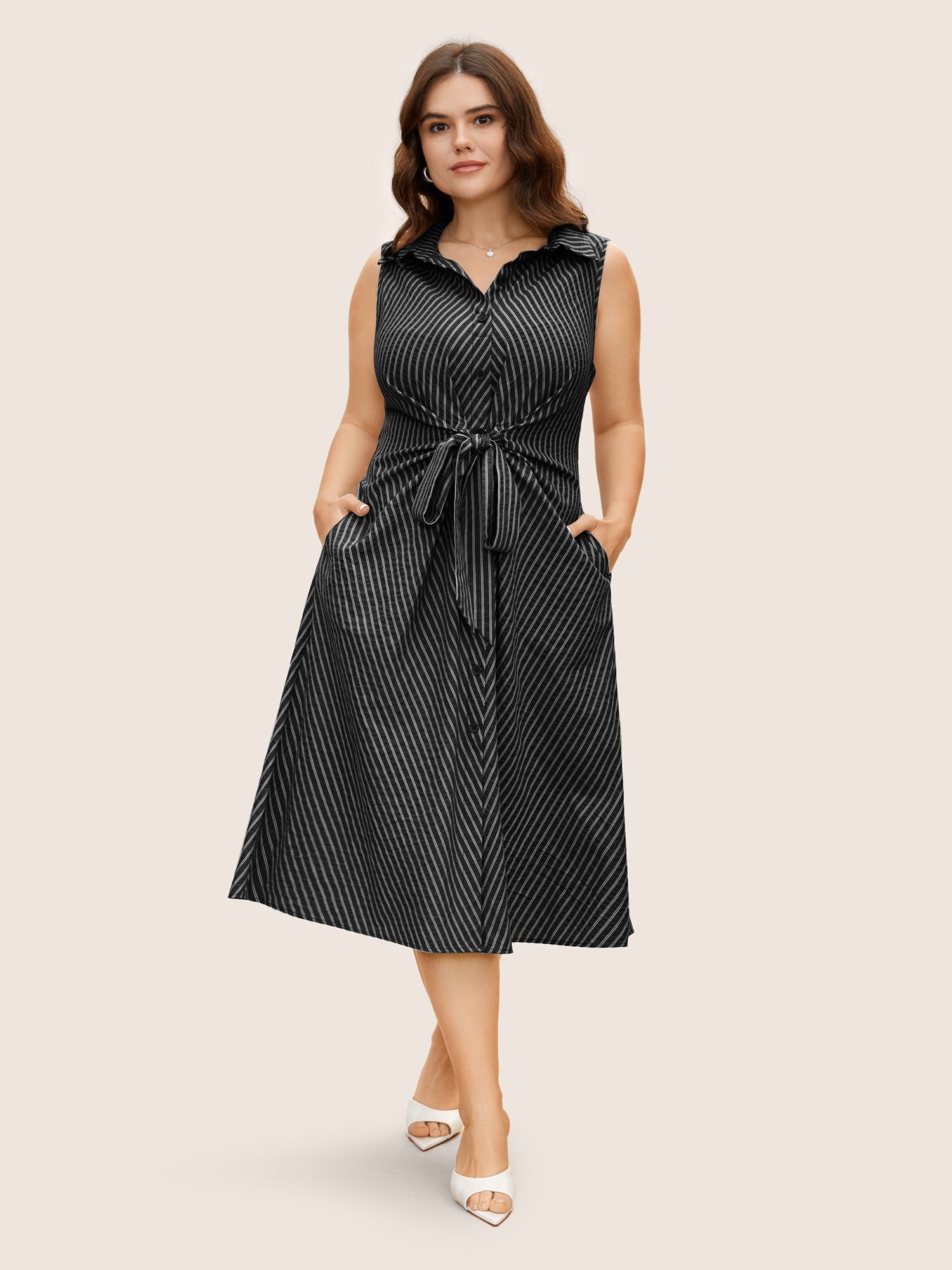 Shirt Collar Striped Midi Tank Dress