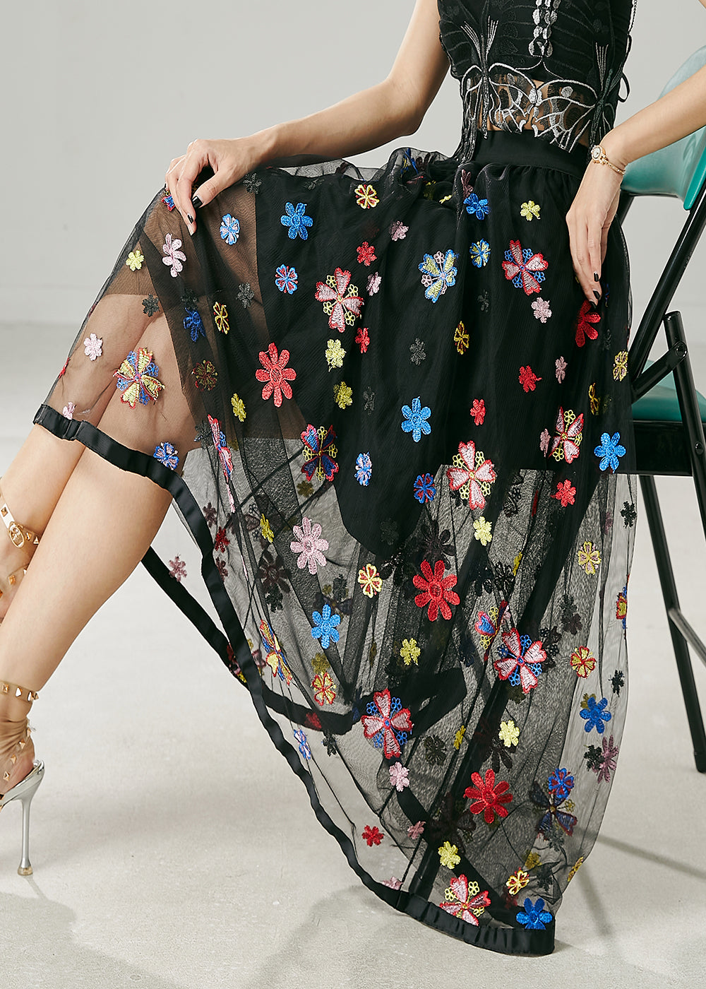 Black Floral Tulle Holiday Skirt Embroidered Summer