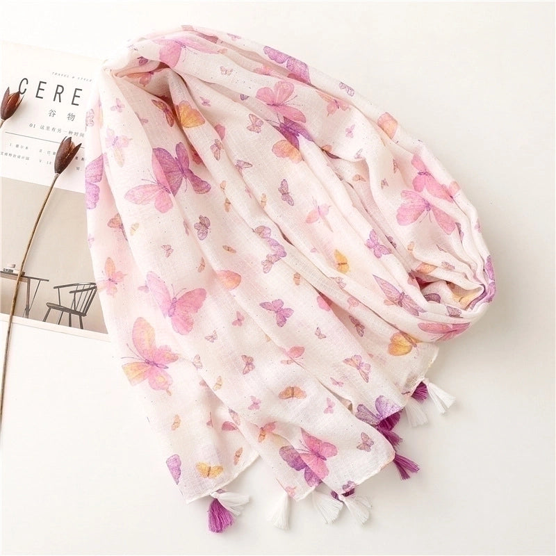 Fashion Scarf Pink Butterfly Sprinkle Gold Powder Tassel Scarf Shawl