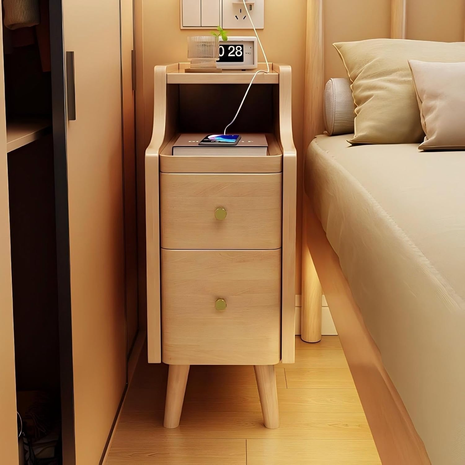 Small Nightstand Wooden Narrow Side Table，Narrow Bed End Table with 2 Drawers