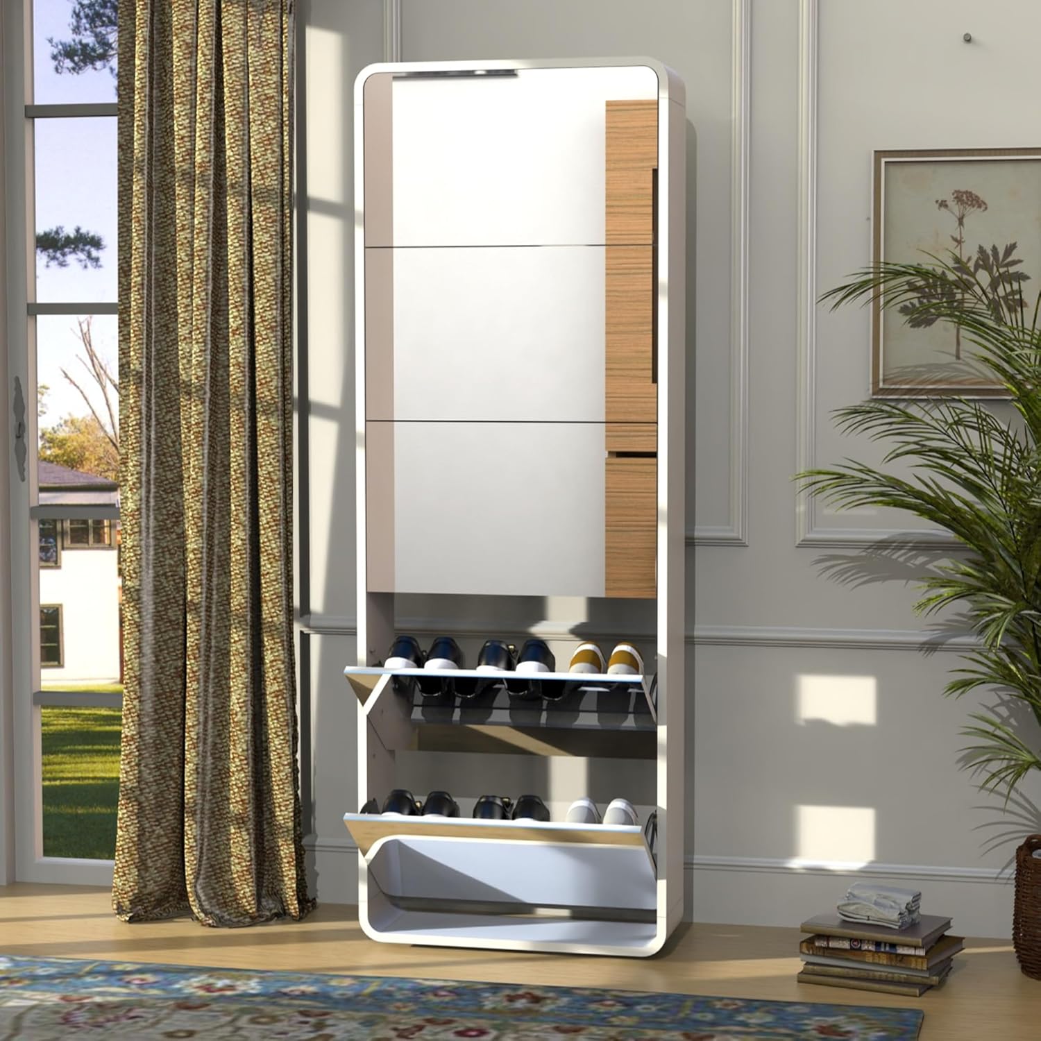 Entrance Shoe Locker, 5 Tier Full Length Mirror Shoe Organizer Wooden Narrow Shoe Cabinet, White Shoe Rack for Front Door Entrance Outdoor