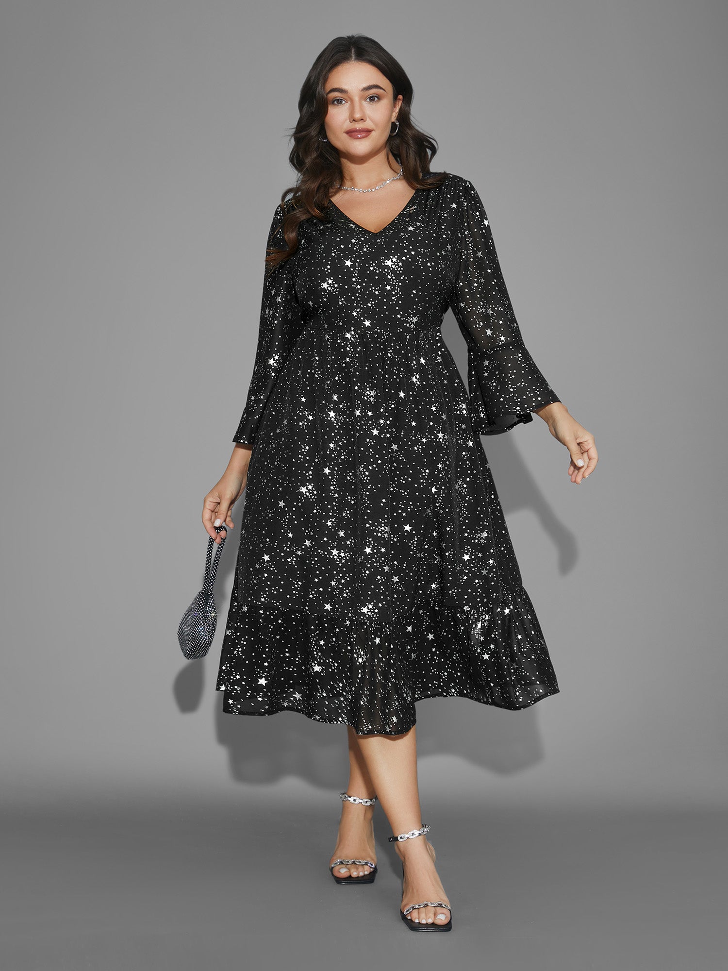 Glitter Star Flutter Sleeve Chiffon Dress