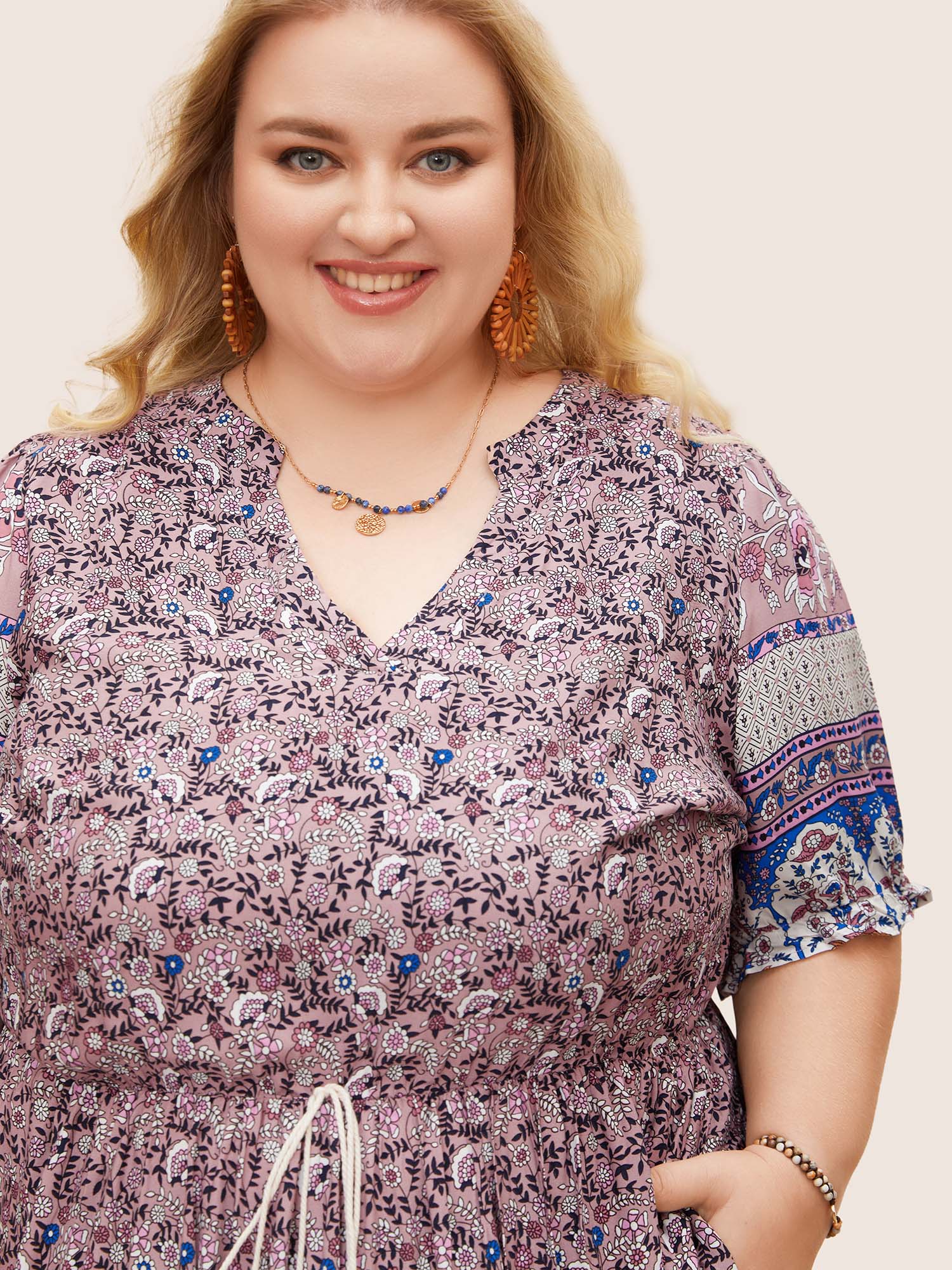 Boho Print Notched Ties Tassel Trim Dress