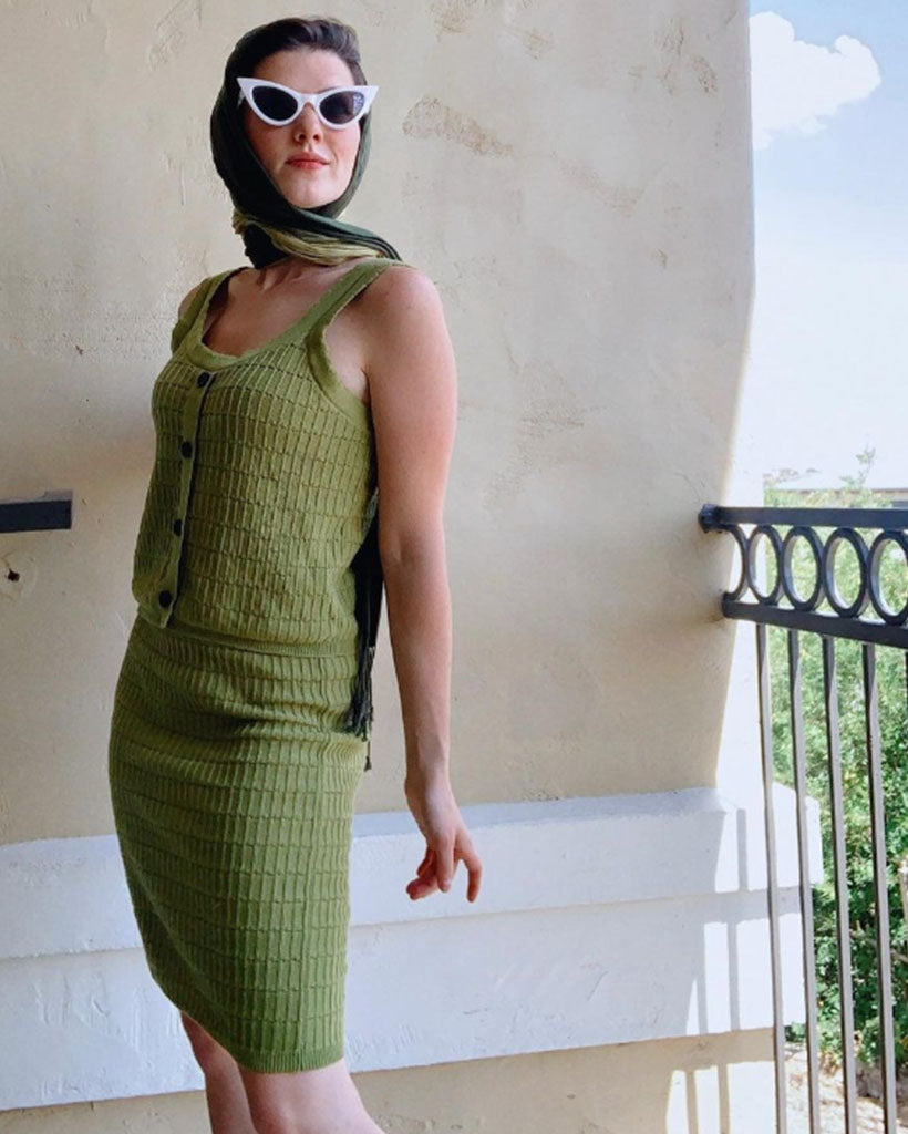 Vintage Fans Look of Jacquard Textured Outfits U-Neck Tops+Above Knee Skirt Knitwear