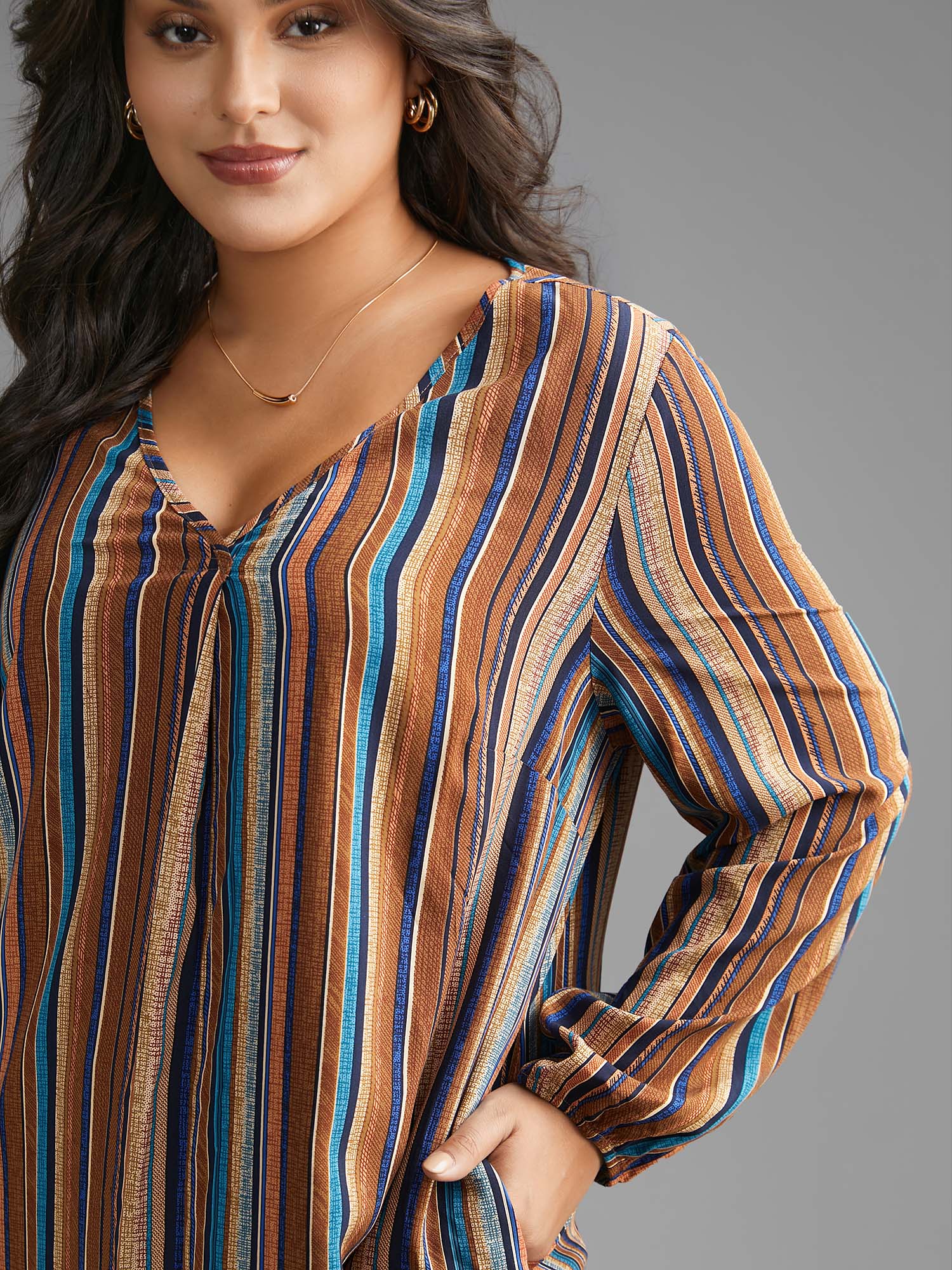 Contrast Striped Pocket Lantern Sleeve Blouse
