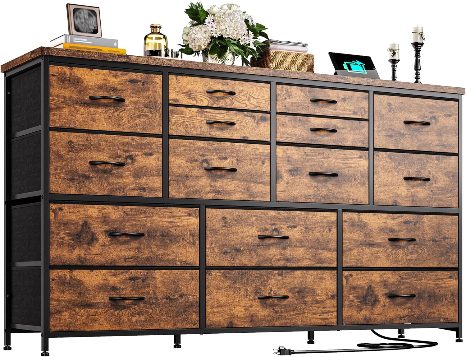 Dresser for Bedroom with 16 Fabric Drawers Long Dresser with Charging Station TV Stand for 60