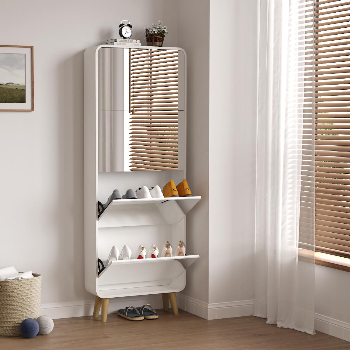 Entrance Shoe Locker, 5 Tier Full Length Mirror Shoe Organizer Wooden Narrow Shoe Cabinet, White Shoe Rack for Front Door Entrance Outdoor