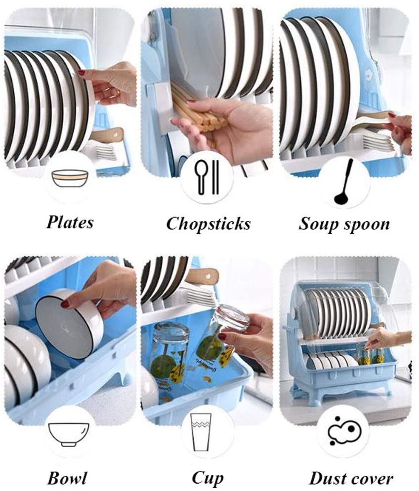 Dish Drying Rack with Lid. 2 Tier Dish Rack with Utensil Holder. Cup Holder and Dish Drainer for Kitchen Counter. Plastic Dish Drainer Shelf with Swivel Spout Dish Rack