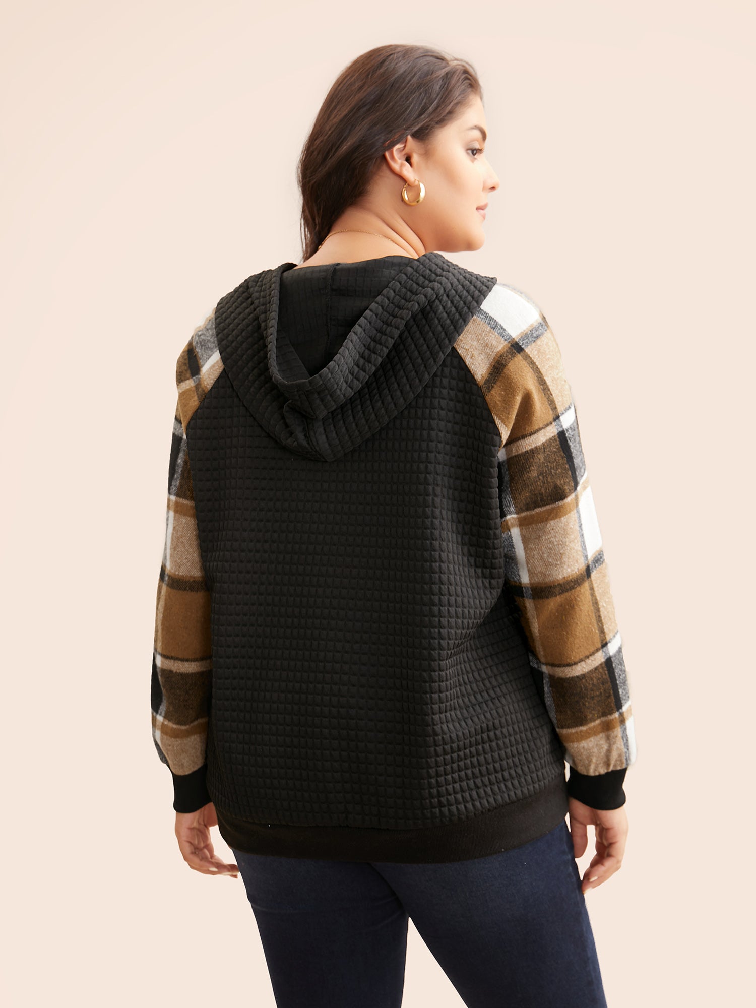 Plaid Patchwork Hooded Raglan Sleeve Sweatshirt