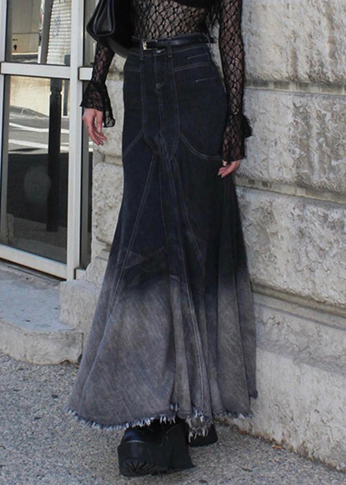 Black Zippered High Waist Denim Fishtail Skirt Fall