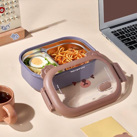 Stainless Steel Children Bento Lunch Box. Bear Cartoon Lunch Box Container Double Sided Lock Design