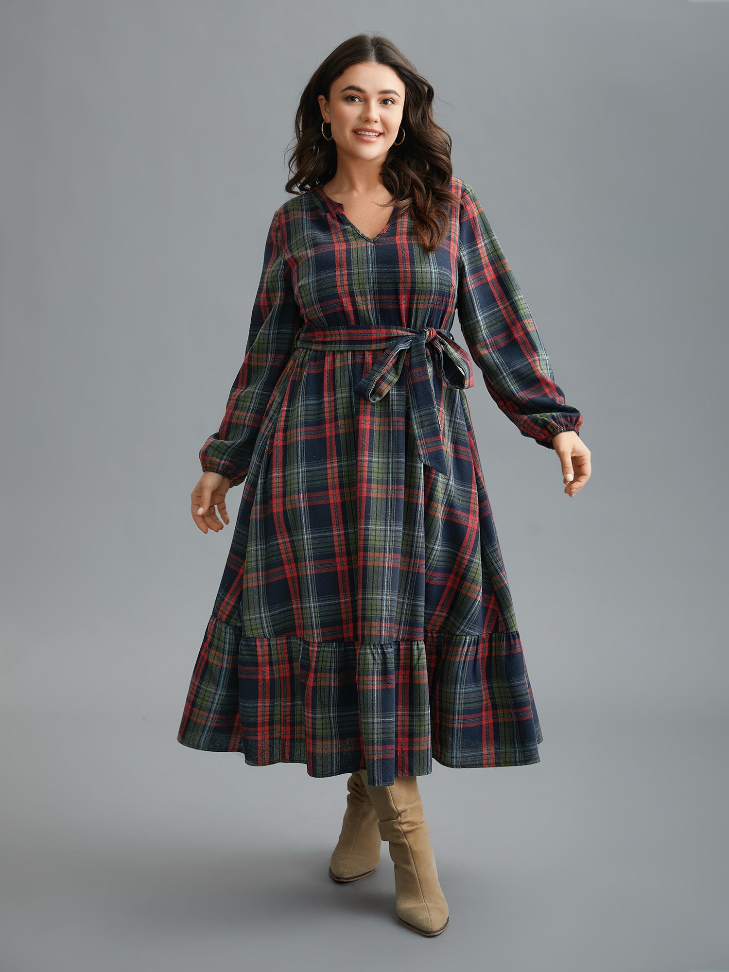 Festive Notched Collar Plaid Dress