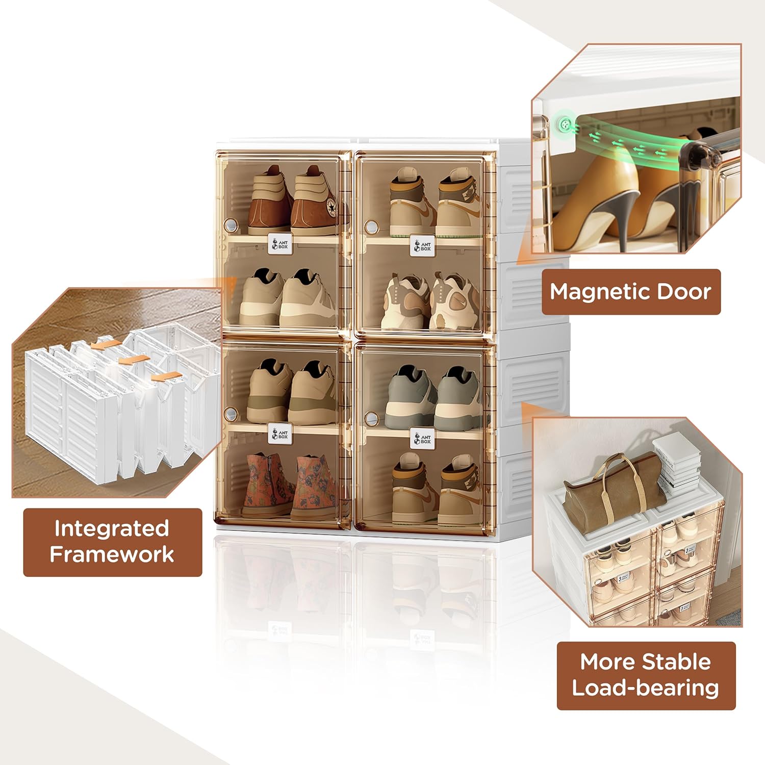 ANTBOX Shoe Organizer Storage Box, Portable Folding Shoe Rack For Closet With Magnetic Clear Door