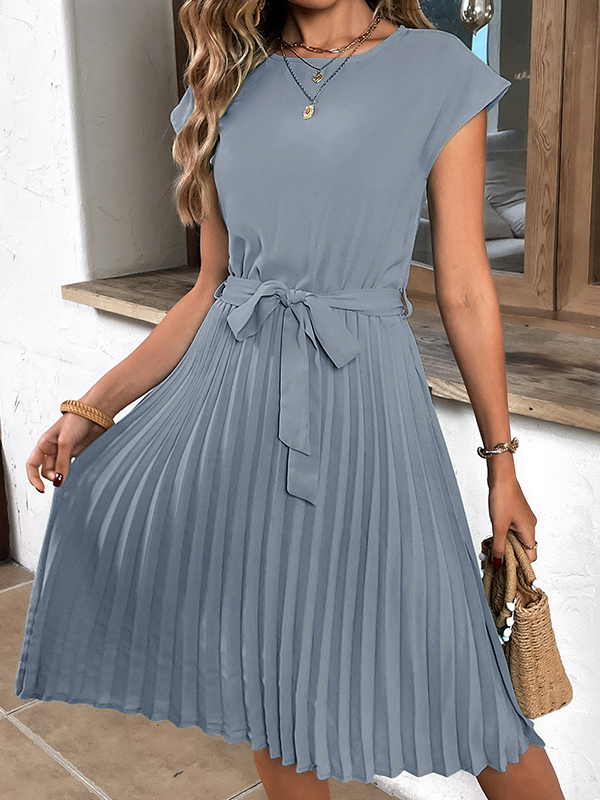A-Line Loose Pleated Solid Color Tied Waist Round-Neck Midi Dresses