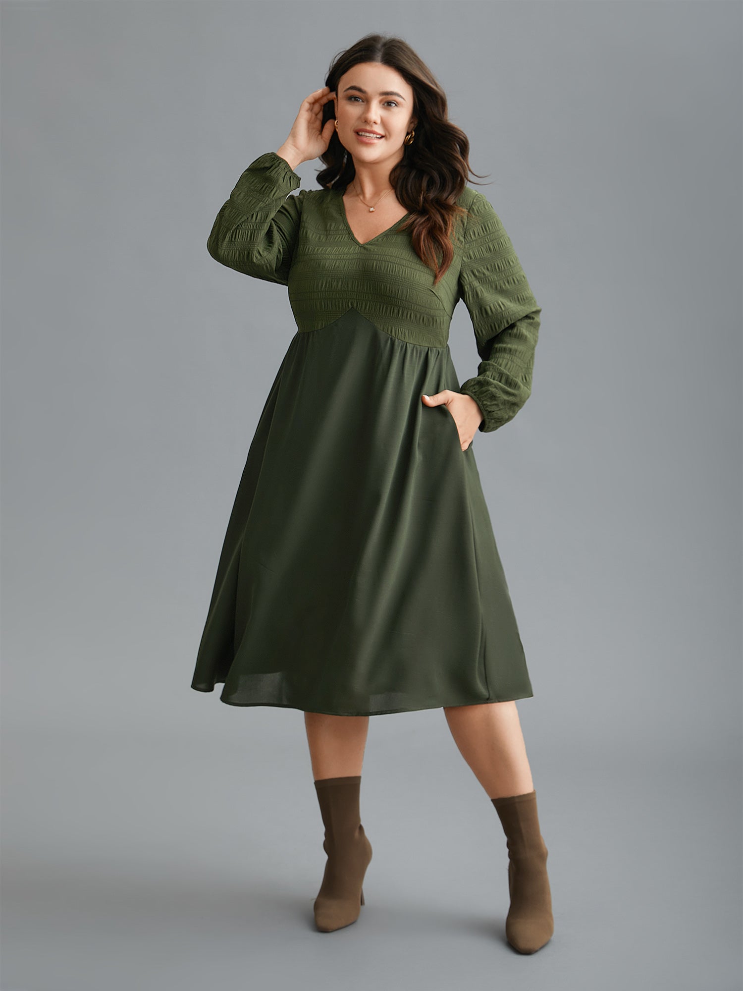 V-Neck Splicing Textured Knit Dress