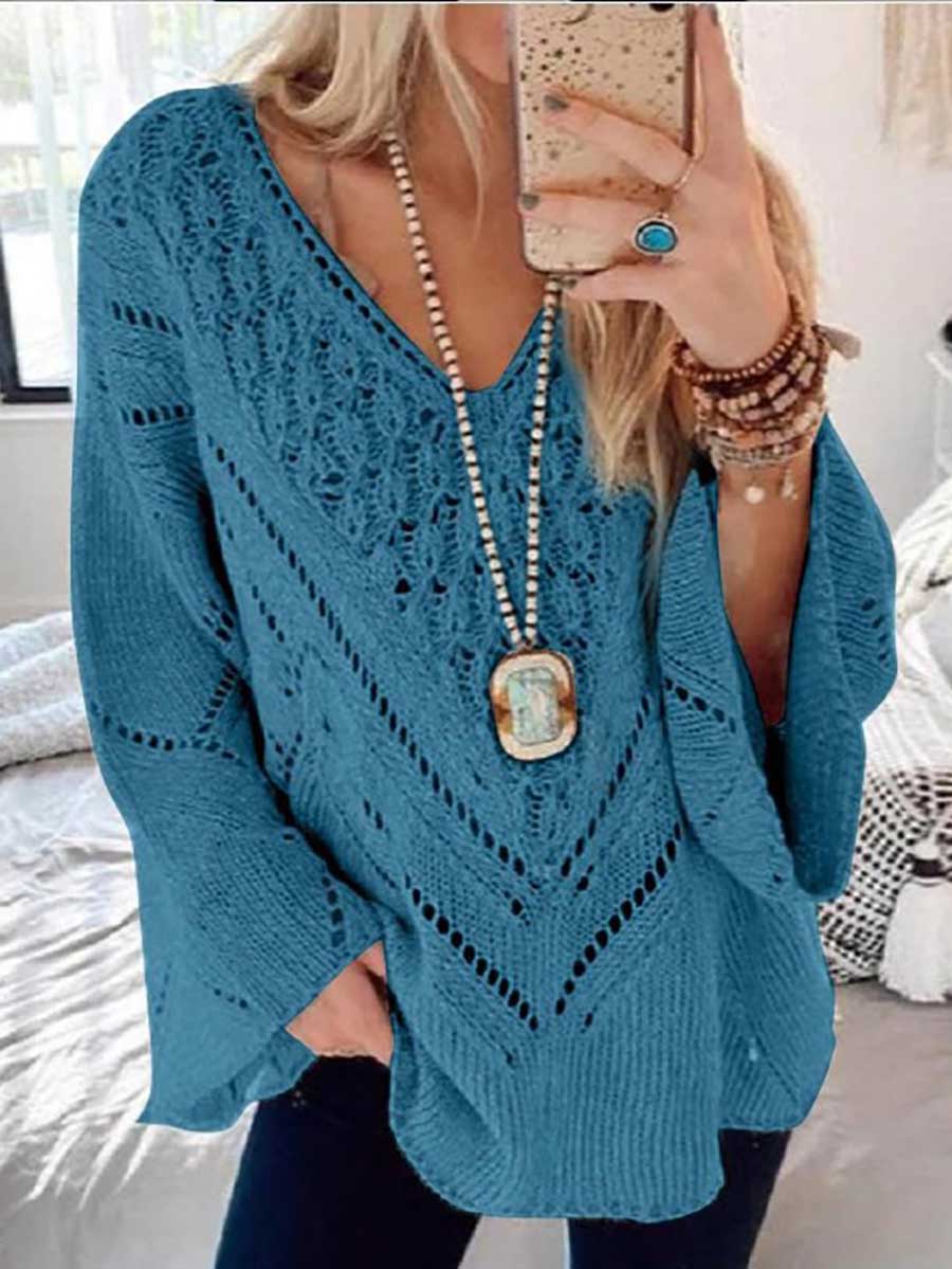Cutout V-Neck Flared Sleeve Sweater