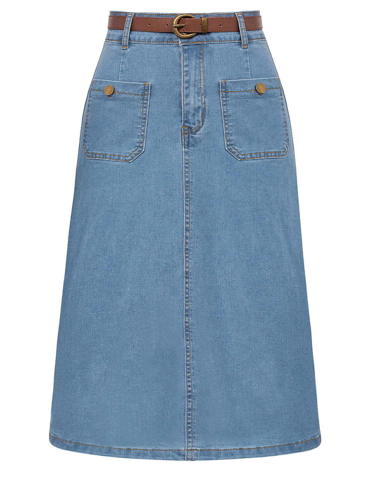 Denim Skirt with Belt Knee Length High Waisted Jean Skirts for Women