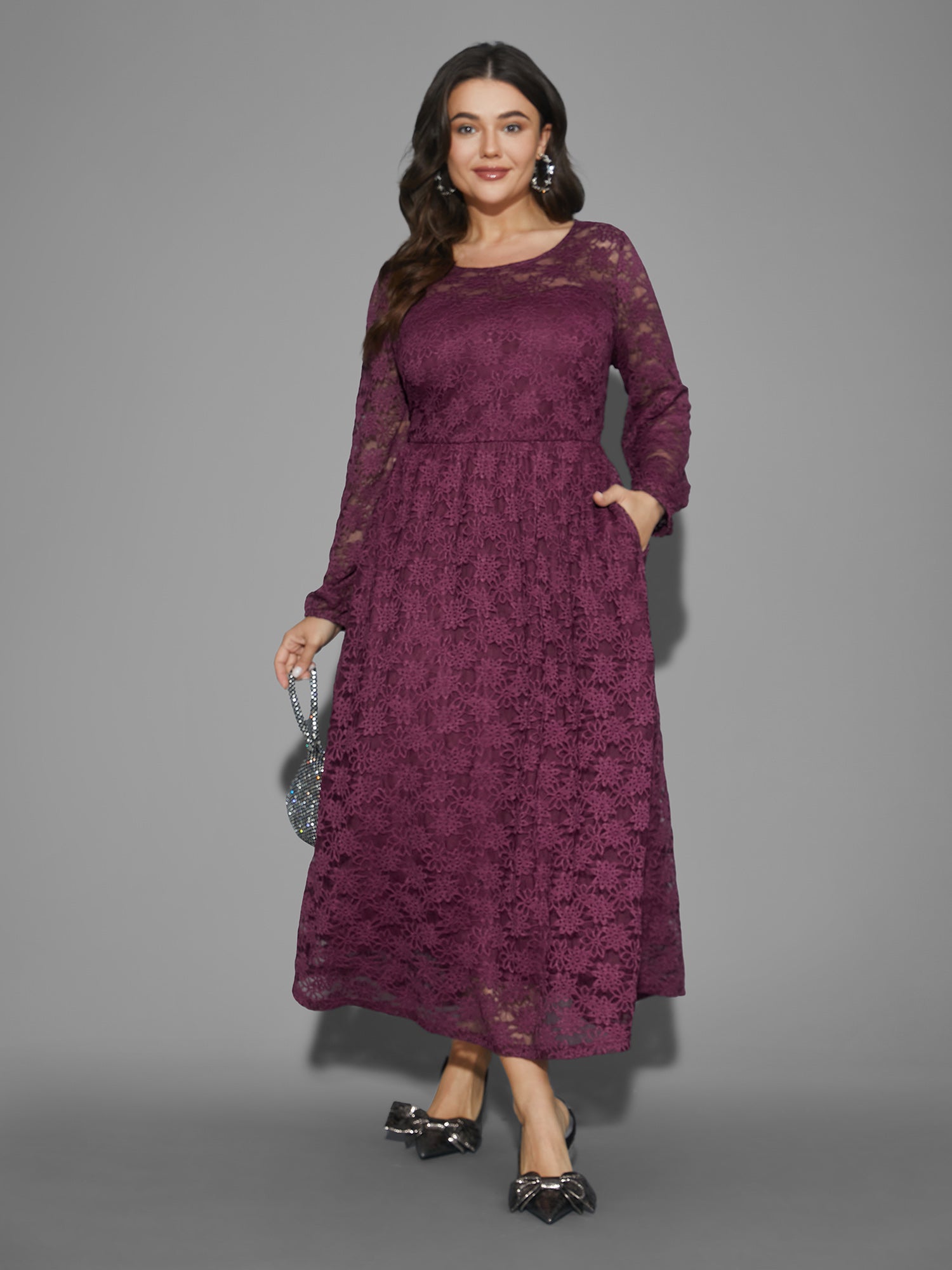 Crochet Lace Mesh Pocket Knit Dress