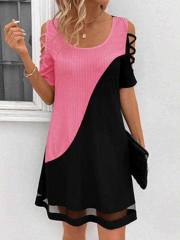 A-Line Loose Contrast Color Hollow Mesh Split-Joint Cold Shoulder Mini Dresses
