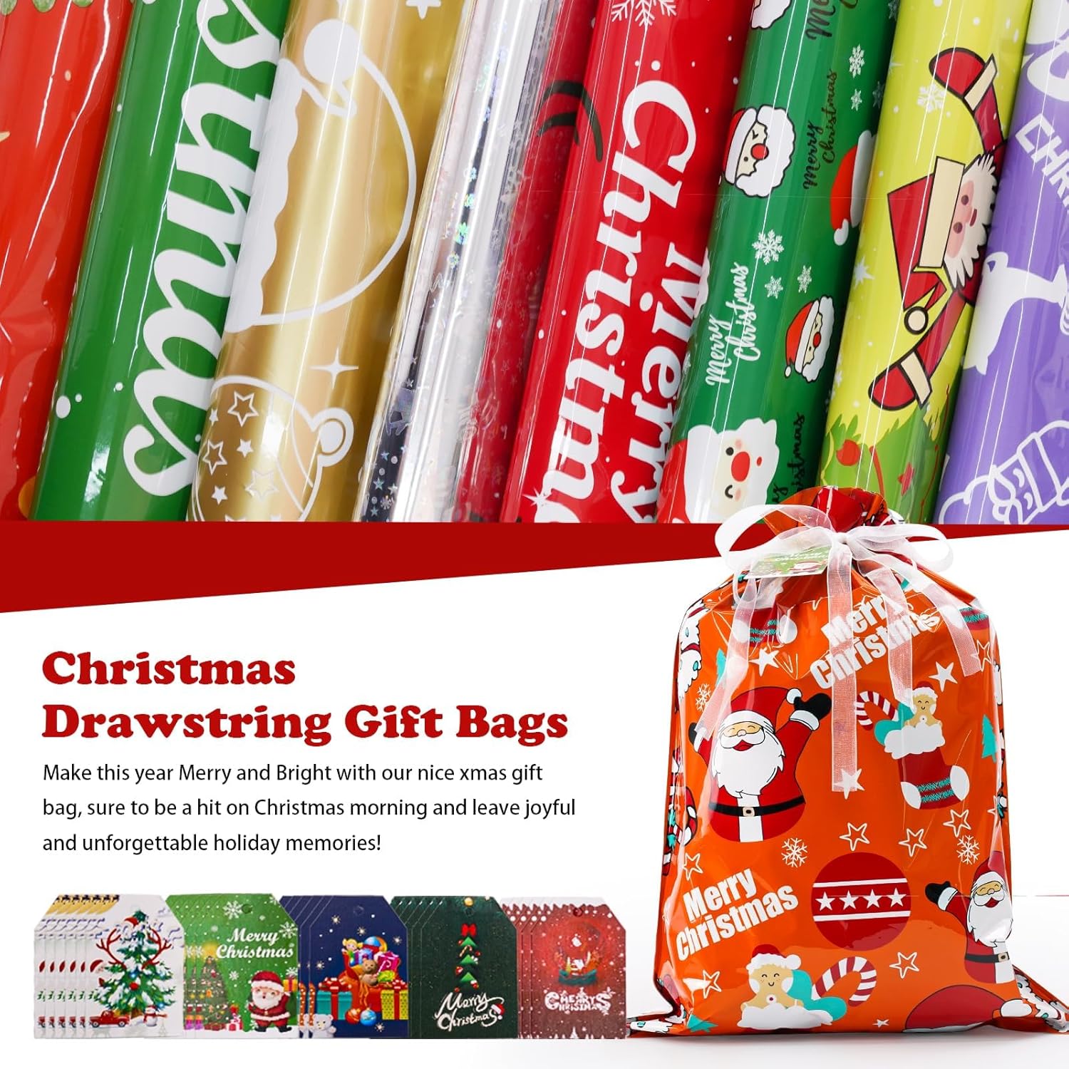 32pcs Gift Christmas Bags, 5 Assorted Sizes Holiday Xmas Gift Bags with Tags, Christmas Drawstring Bags for Gifts Wrapping Party Presents Decorations - Large Medium Small