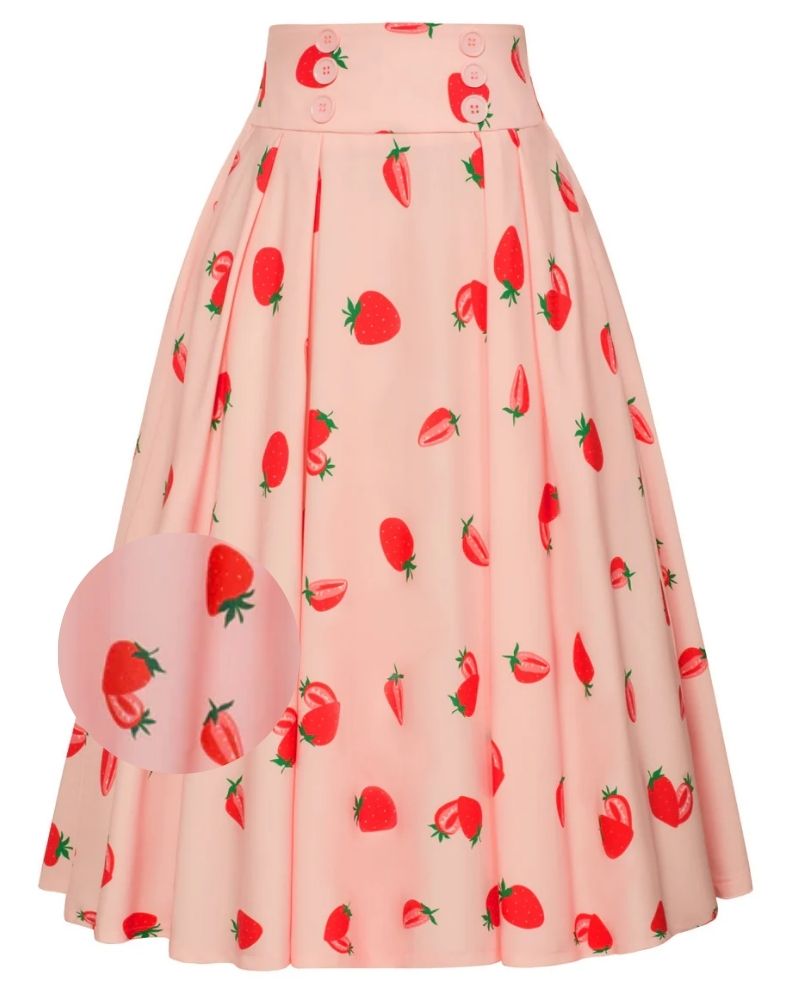 Strawberry Patterns Pleated Buttons Decorated Elastic Waist High Waist Swing A-Line Skirt with Pockets