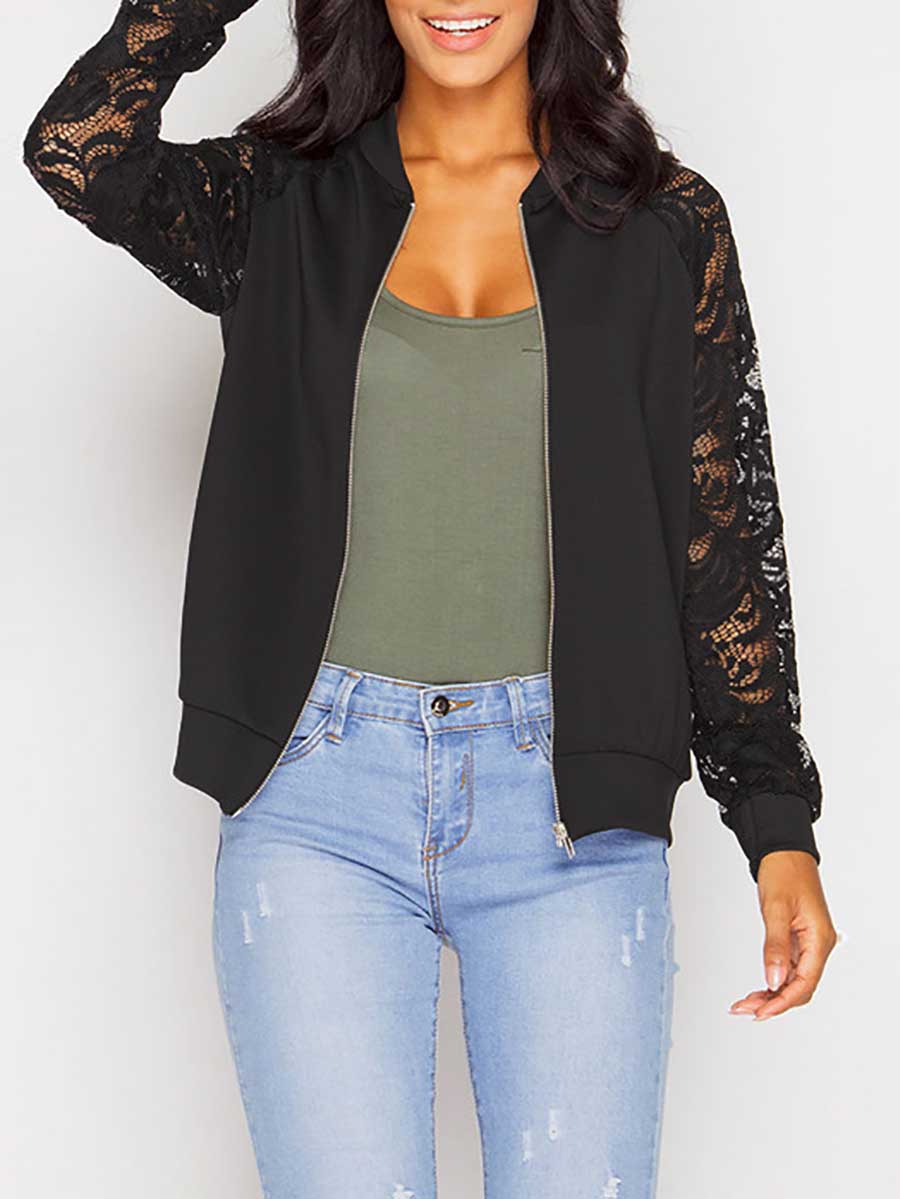 Long Sleeve Lace Patchwork Zipper Small Coat Jacket