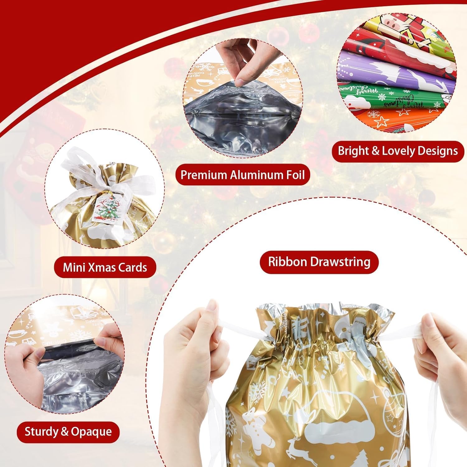 32pcs Gift Christmas Bags, 5 Assorted Sizes Holiday Xmas Gift Bags with Tags, Christmas Drawstring Bags for Gifts Wrapping Party Presents Decorations - Large Medium Small