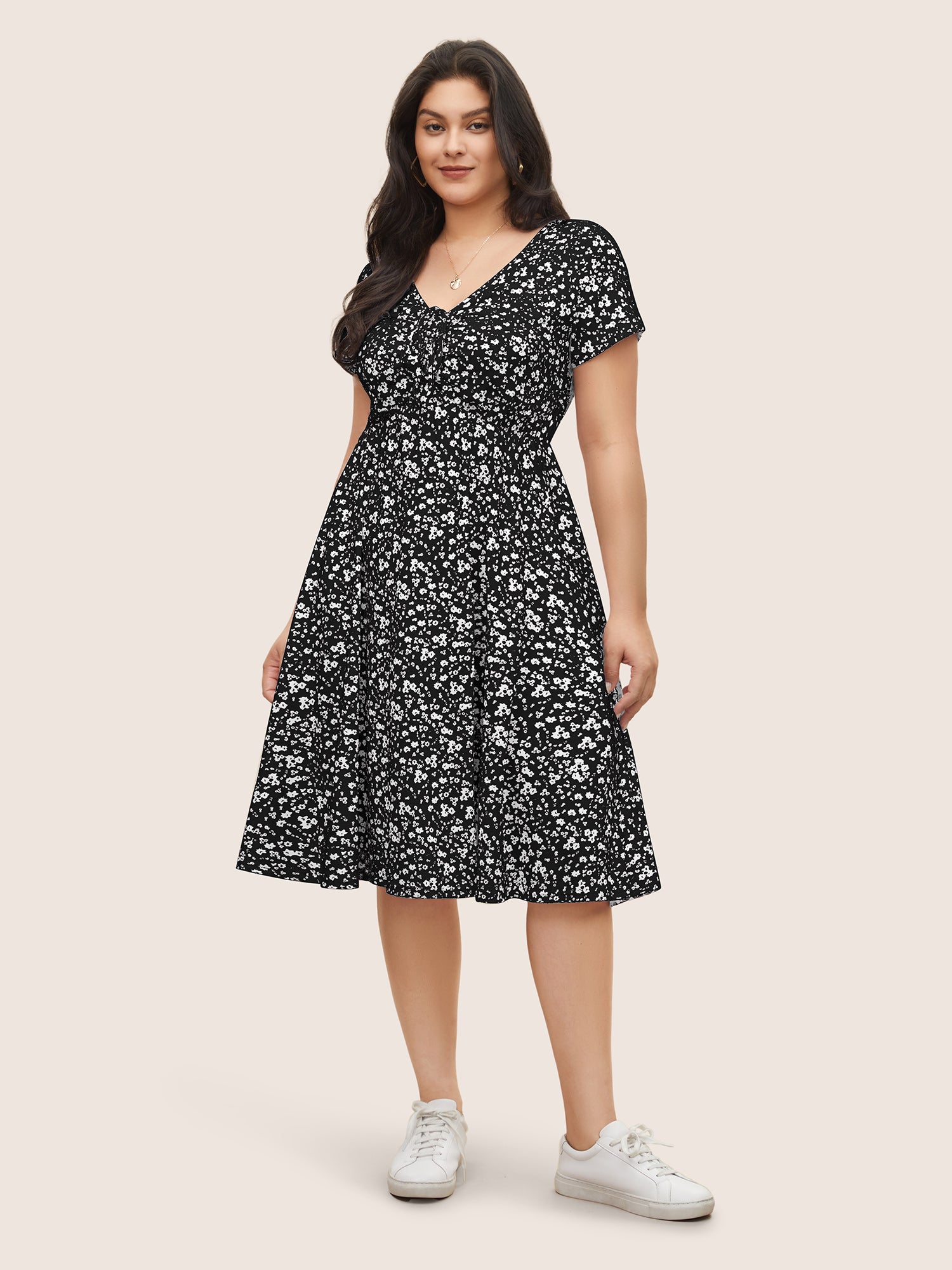 Ditsy Floral Elastic Waist Knot Drawstring Dress