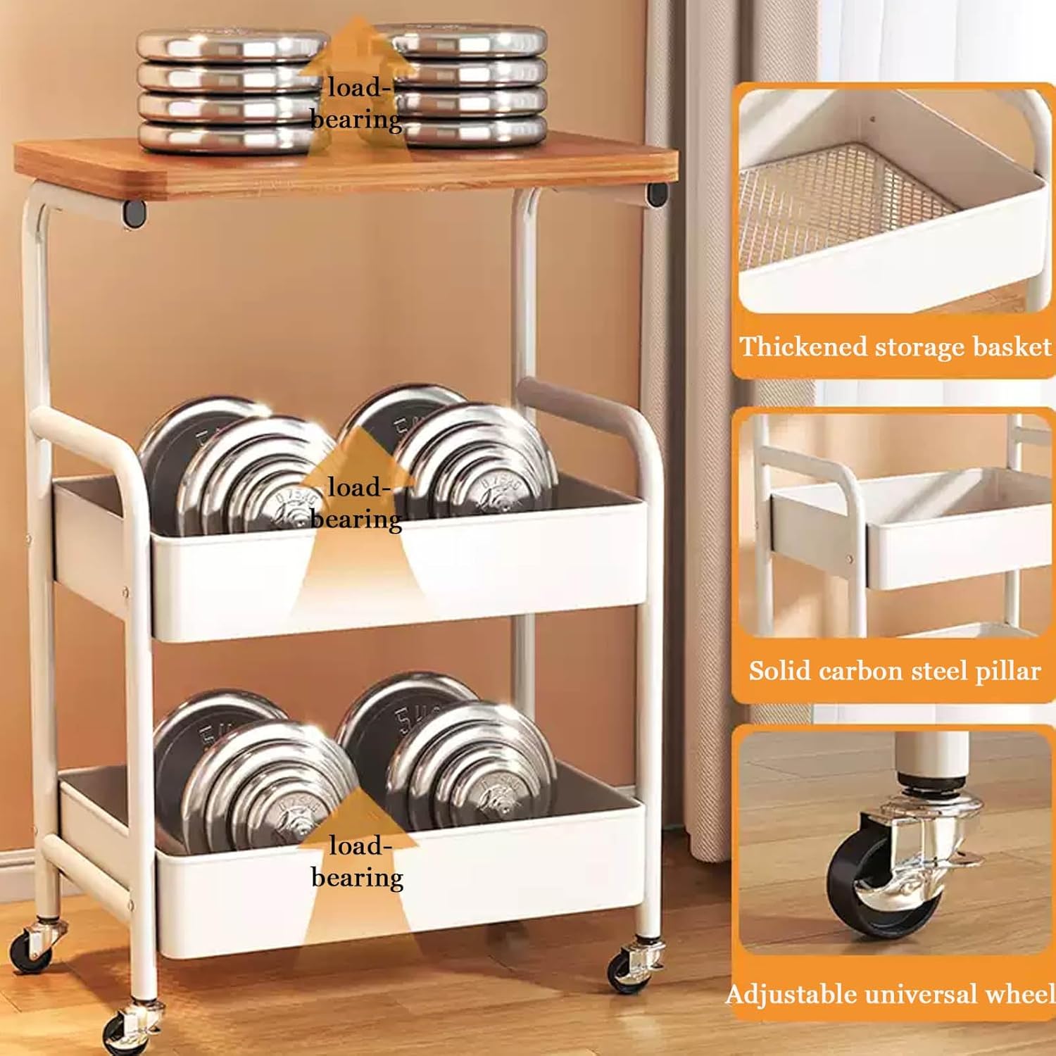 Mobile Side Table 30in Square Endtable with 3 Tier Wood Open Shelf