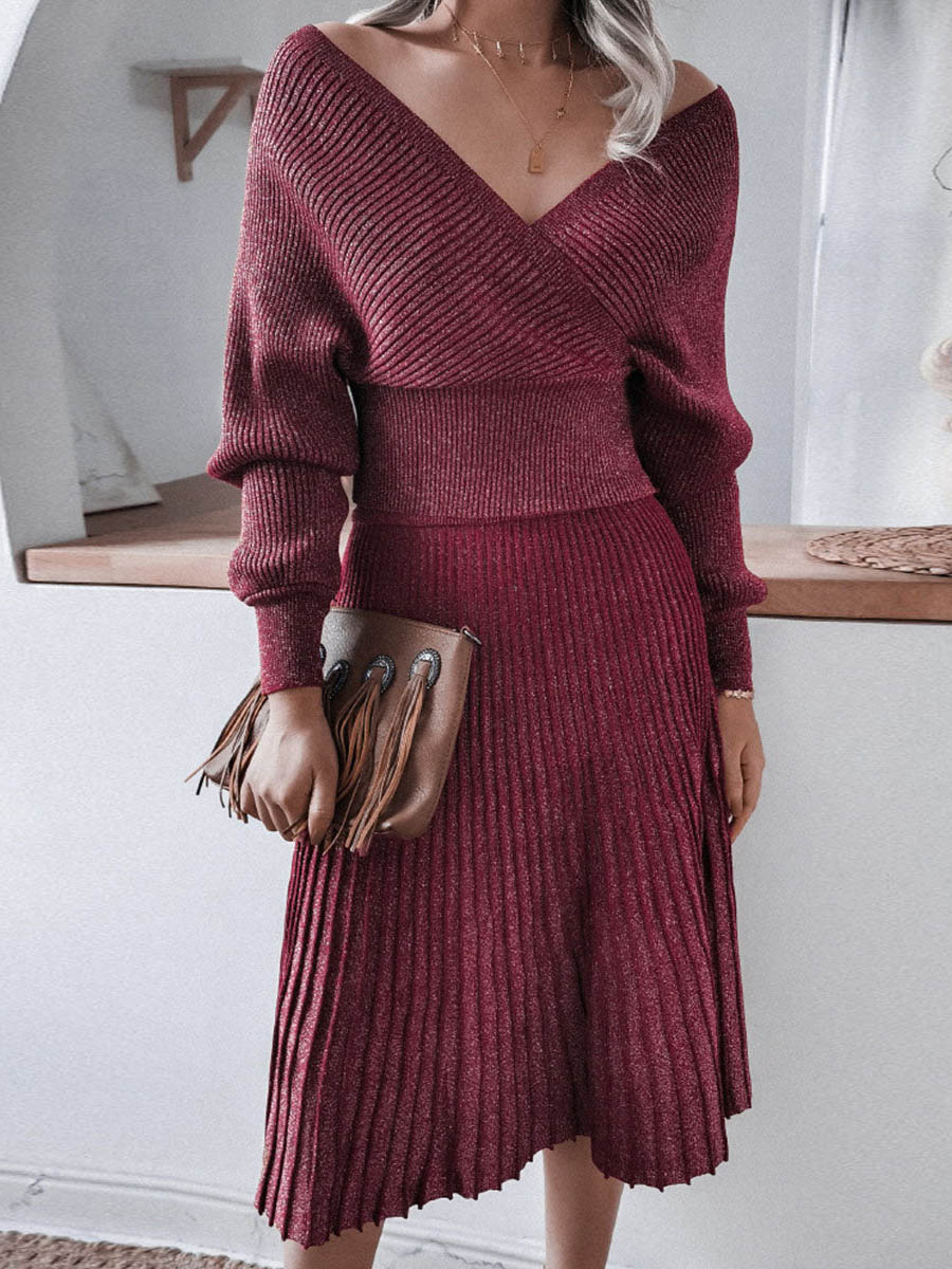 Fashion Casual Solid Fold V Neck Long Sleeve Two Pieces(3 colors)