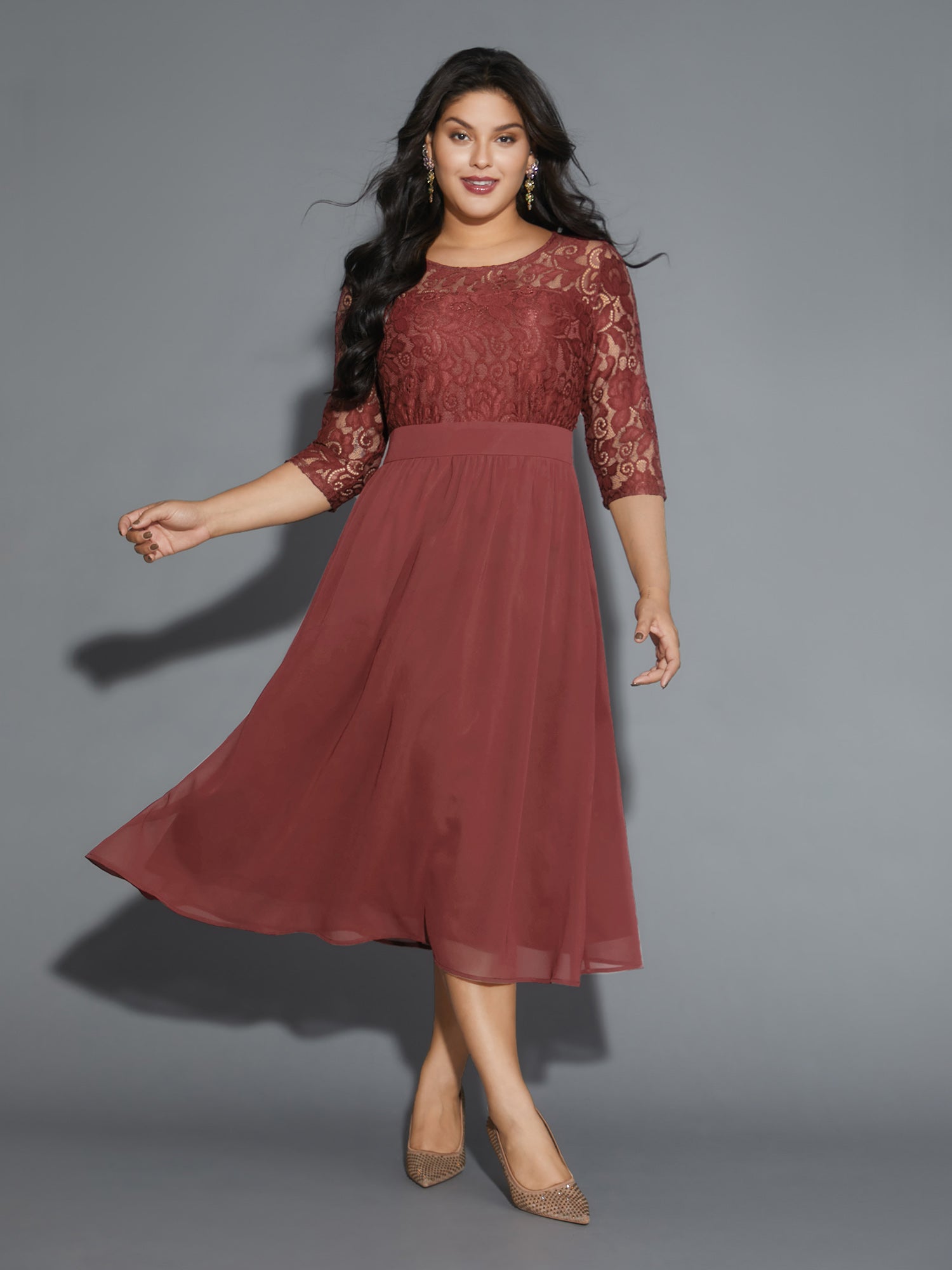 Lace Patchwork Shirred Midi Pocket Dress