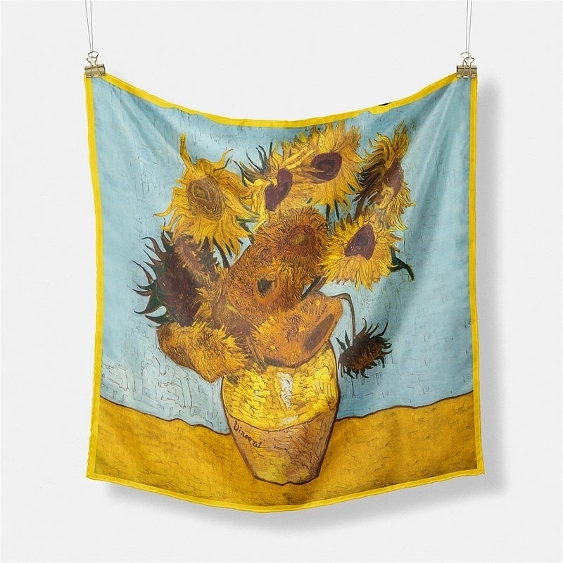 53cm New Oil Painting Series Sunflower Ladies Twill Decorative Small Square Scarf