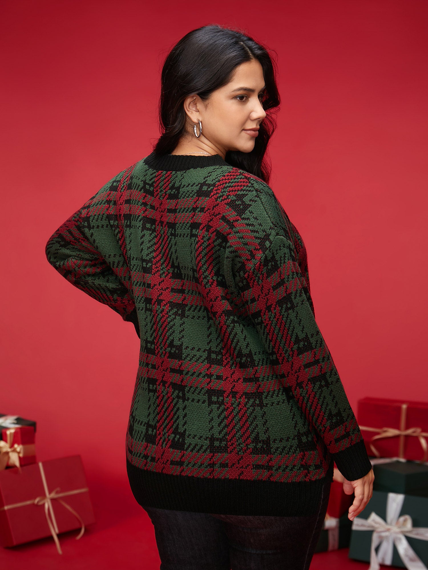 Jacquard Plaid Contrast Hemline Pullover