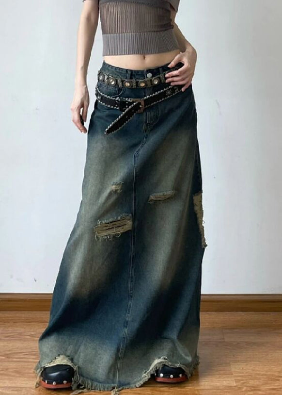 Blue Hole High Waist Denim Maxi Skirts Summer