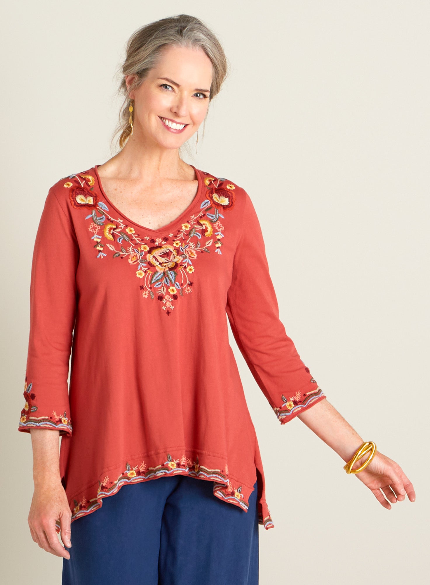 Vintage Bouquet Embroidered 3/4-sleeve Top