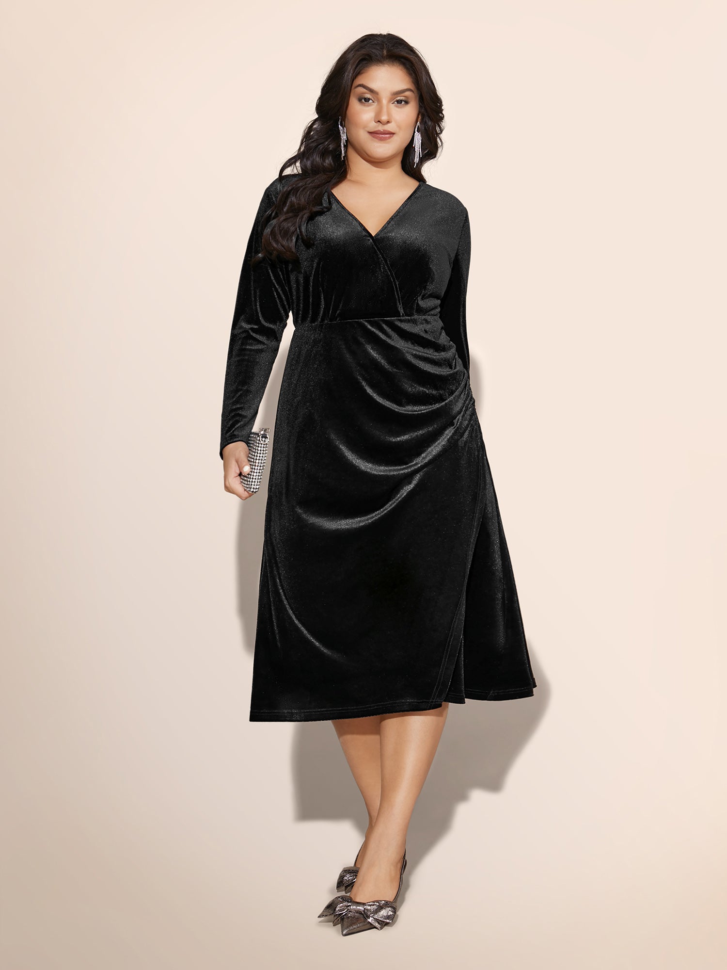 Velvet Overlap Collar Slit Hem Dress