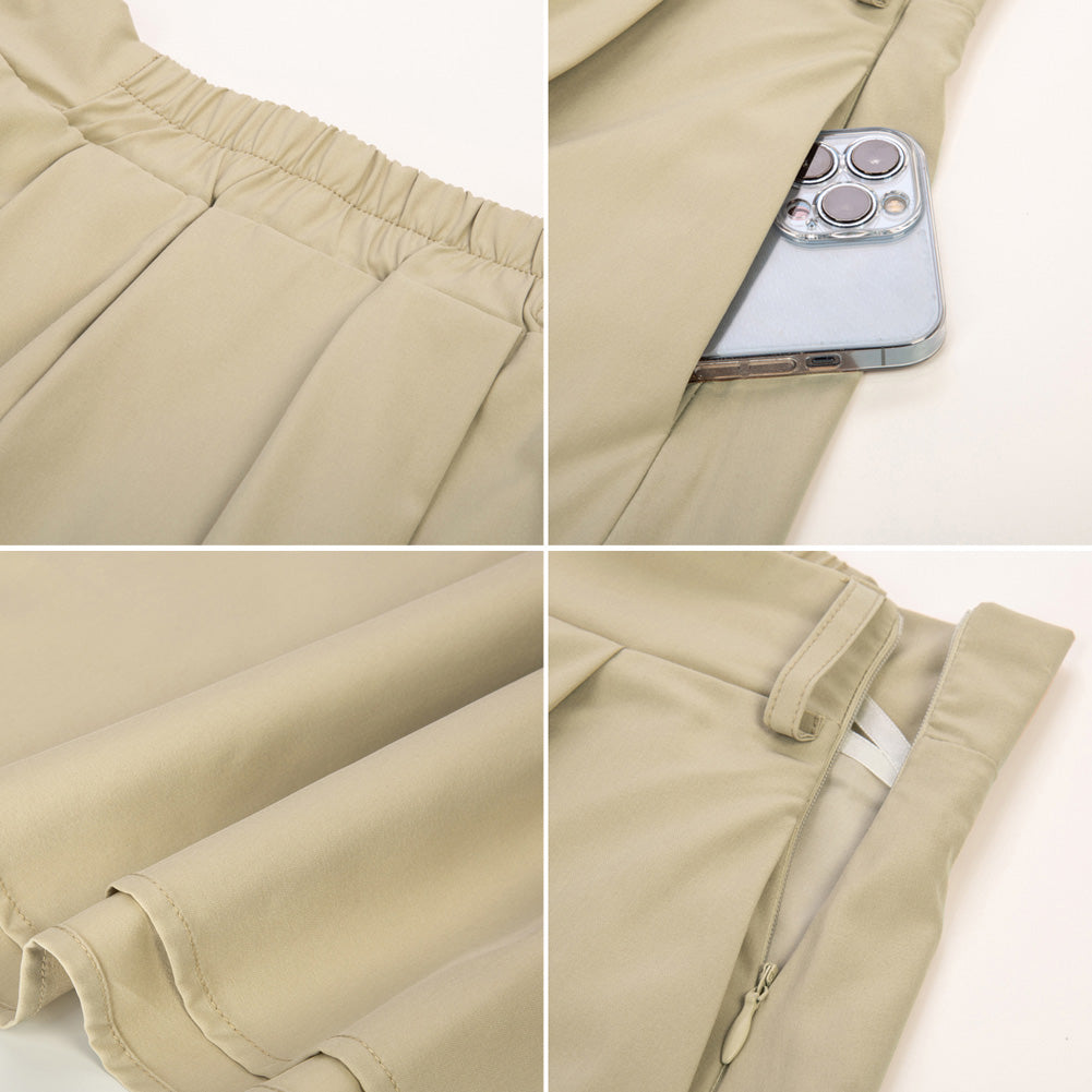 Pleated Swing Skirt with Belt Elastic High Waist A-Line Midi Skirt