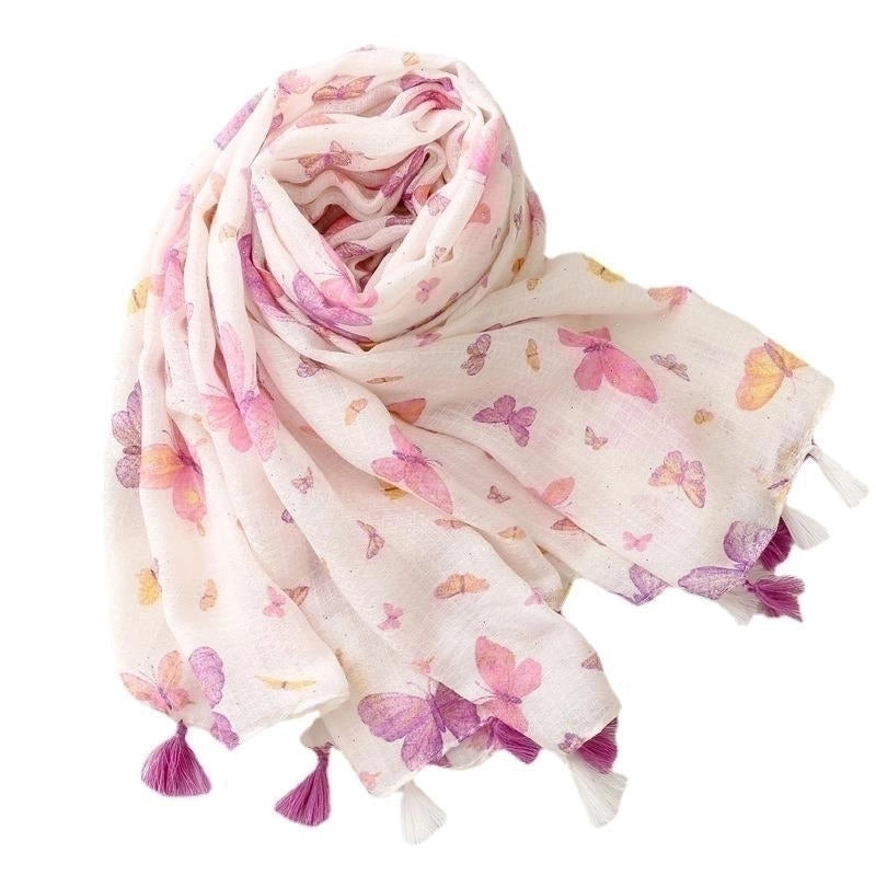Fashion Scarf Pink Butterfly Sprinkle Gold Powder Tassel Scarf Shawl