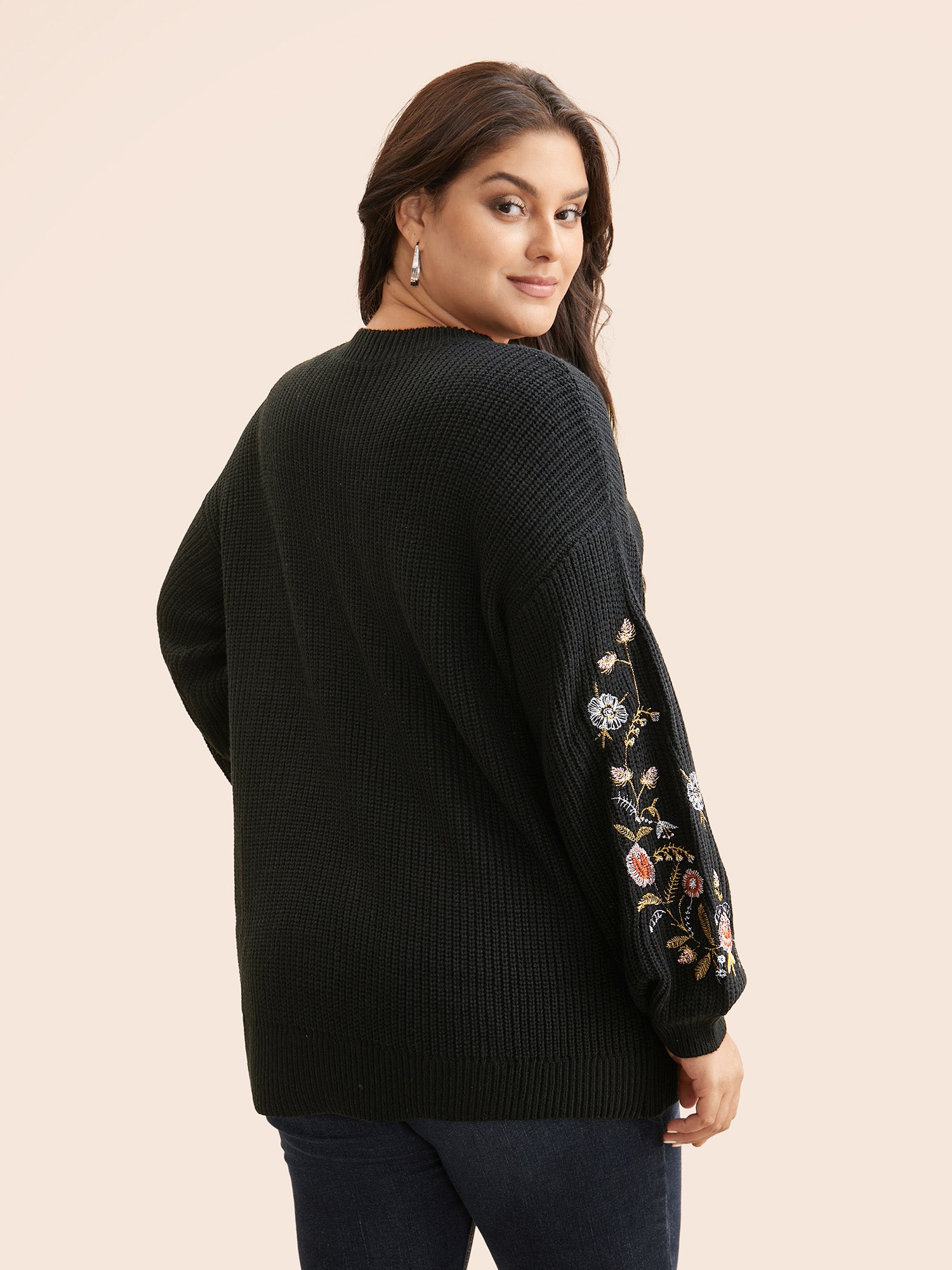 Floral Embroidered Drop Shoulder Sleeve Pullover