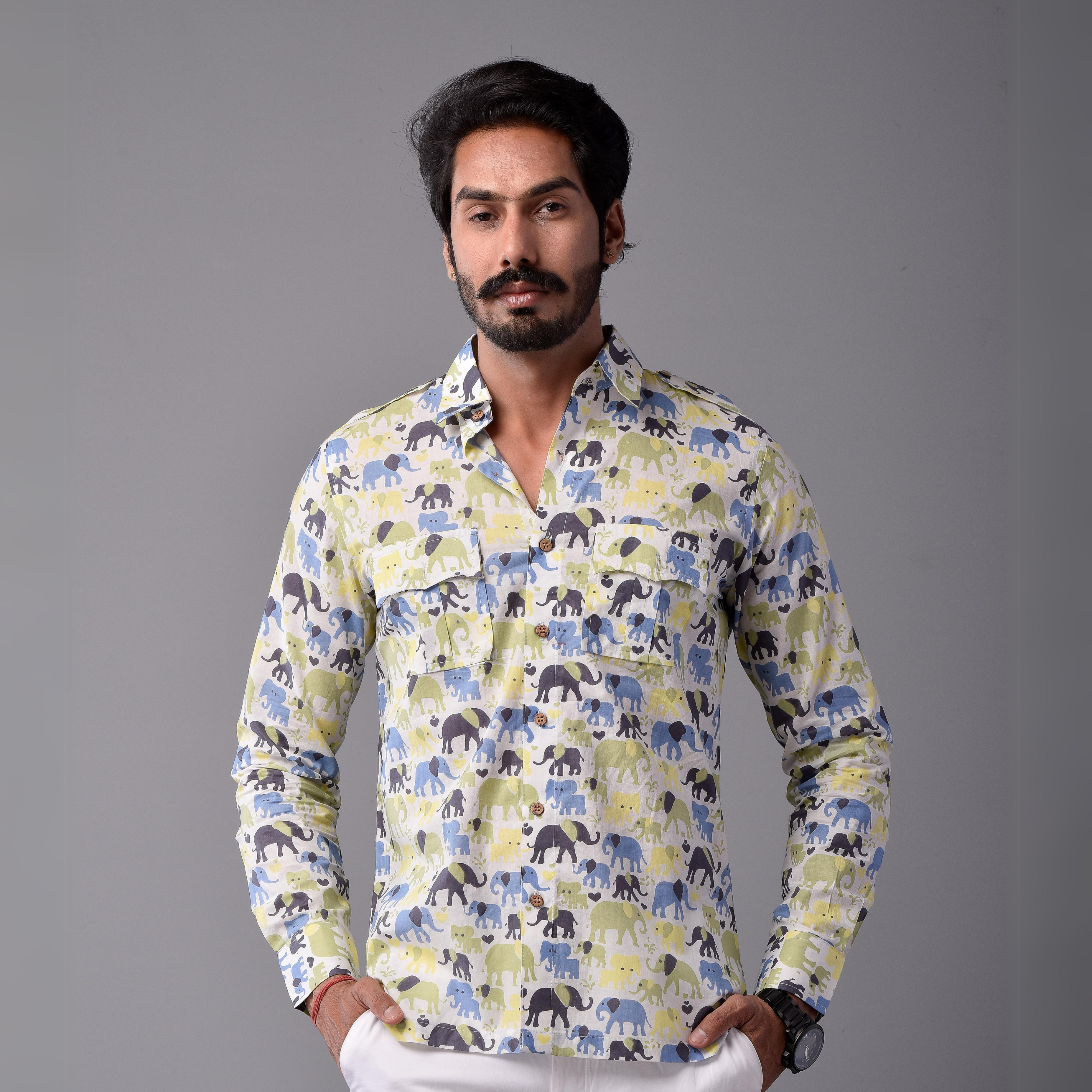 Sanganeri Antique White Hunting Styled Elephant Printed Shirt