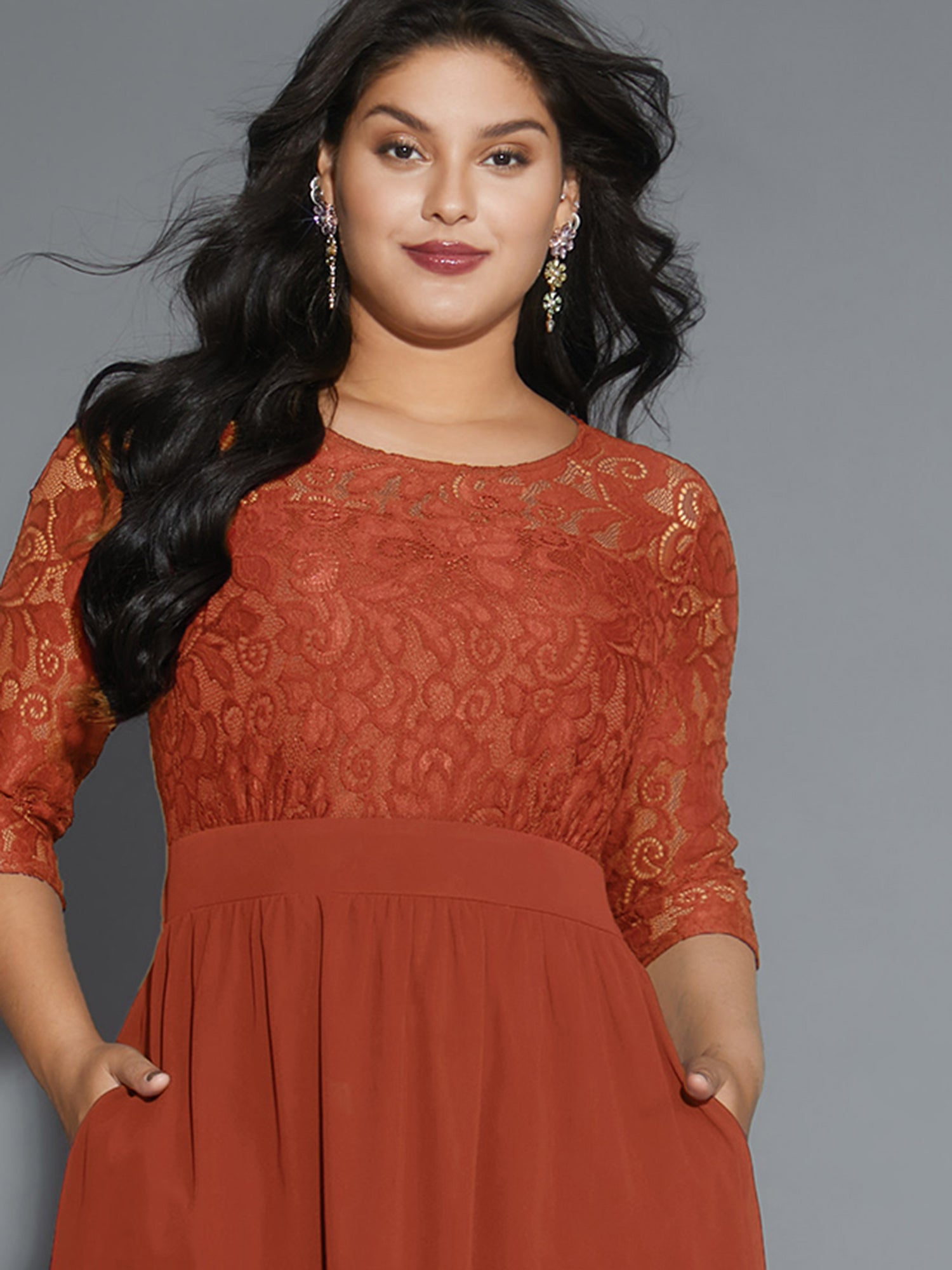 Lace Patchwork Shirred Midi Pocket Dress