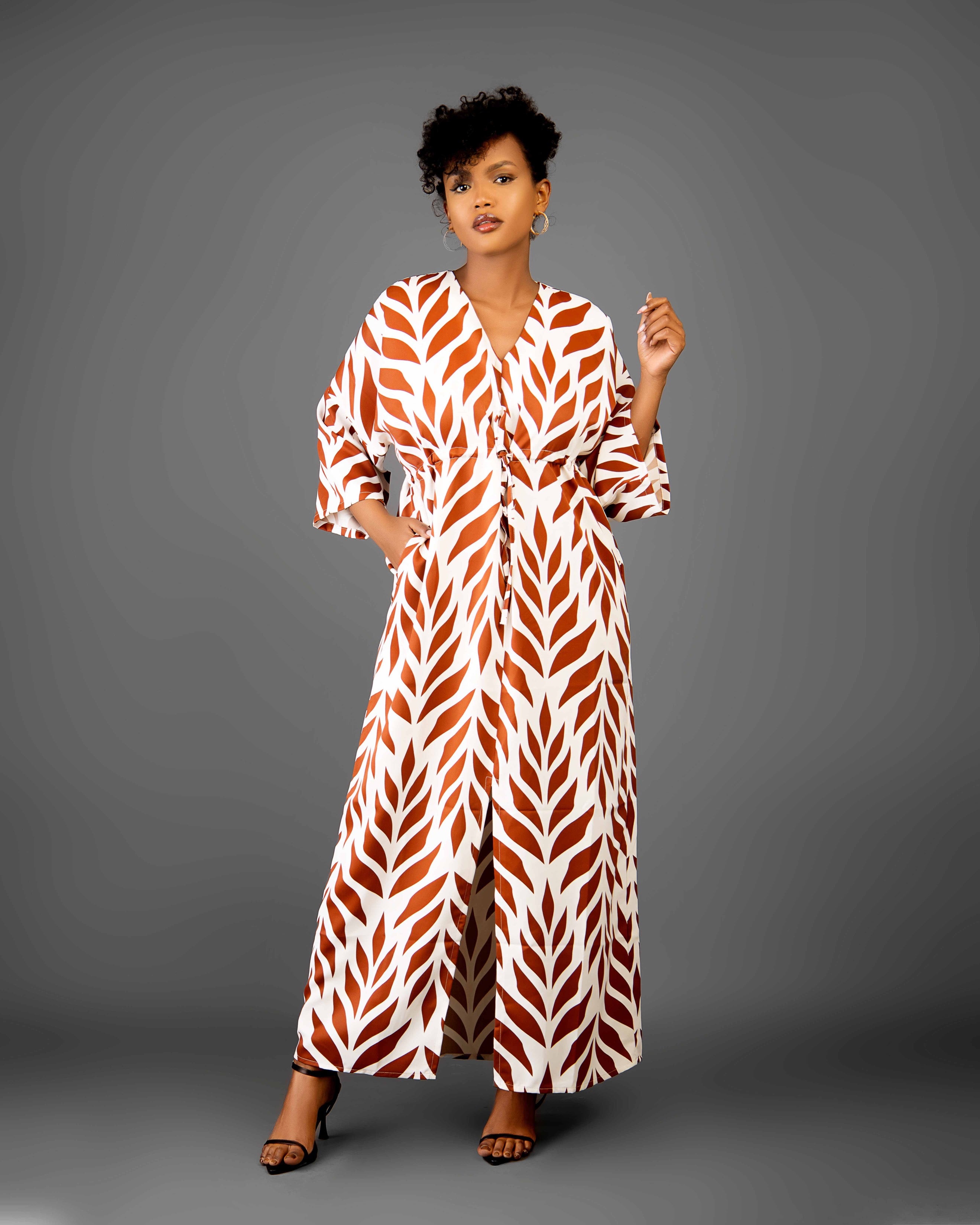 Brown Print Drawstring Kaftan